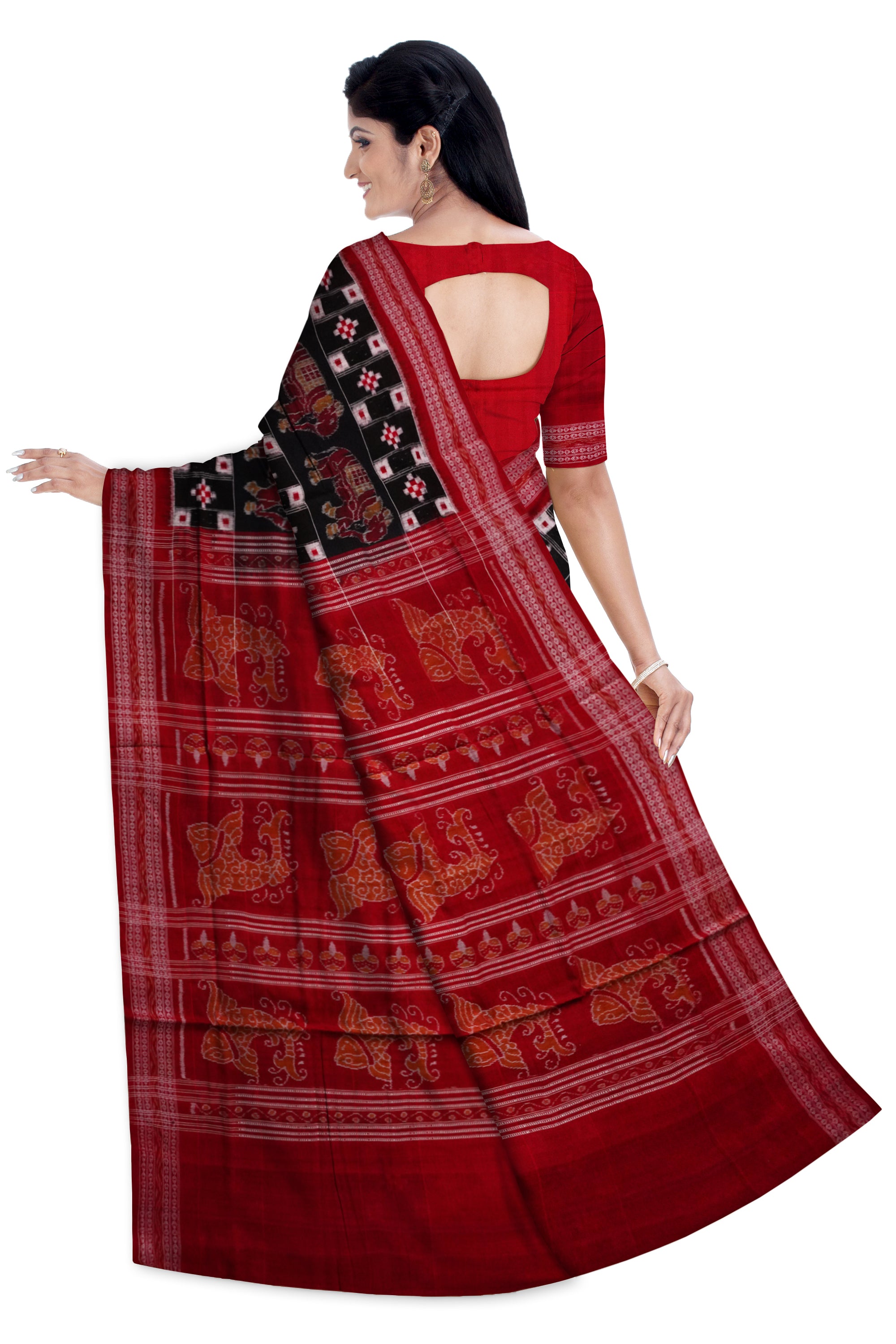 Elephant and Pasapali design in full body pure cotton saree in Black and Red color. - Koshali Arts & Crafts Enterprise