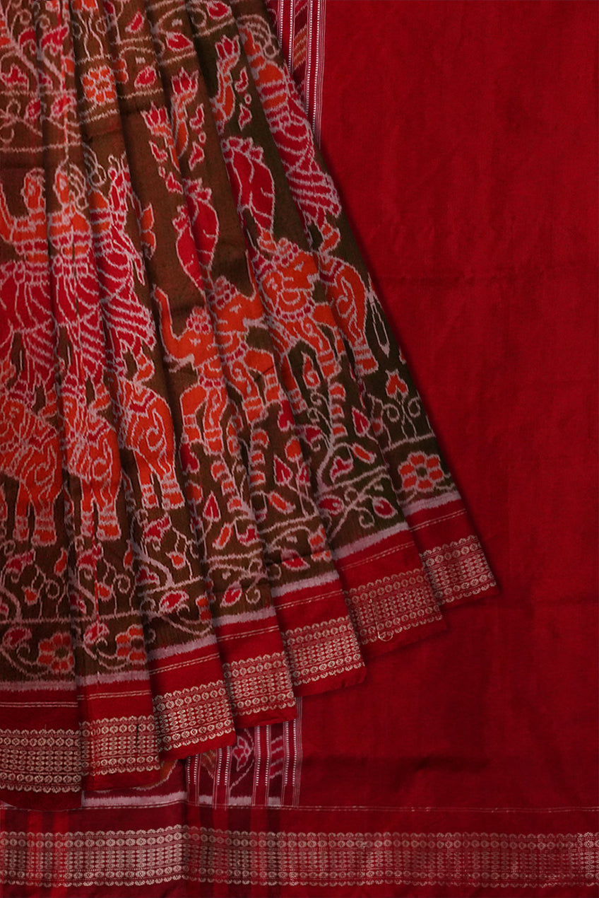 Orange and Maroon color Sambalpuri cotton saree with pata border. - Koshali Arts & Crafts Enterprise
