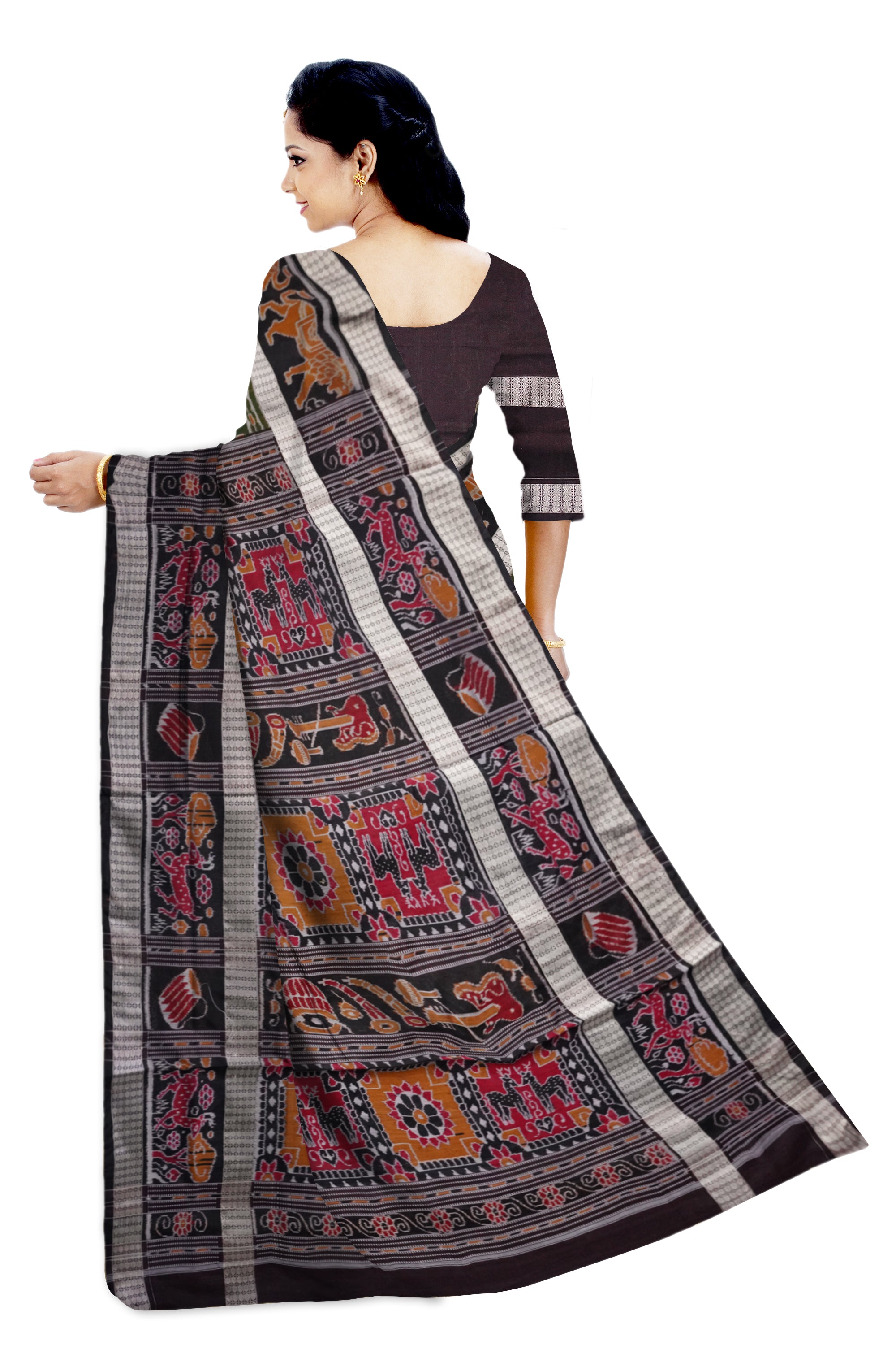 Copy of Yellow and marron color Sambalpuri cotton saree with big border. - Koshali Arts & Crafts Enterprise