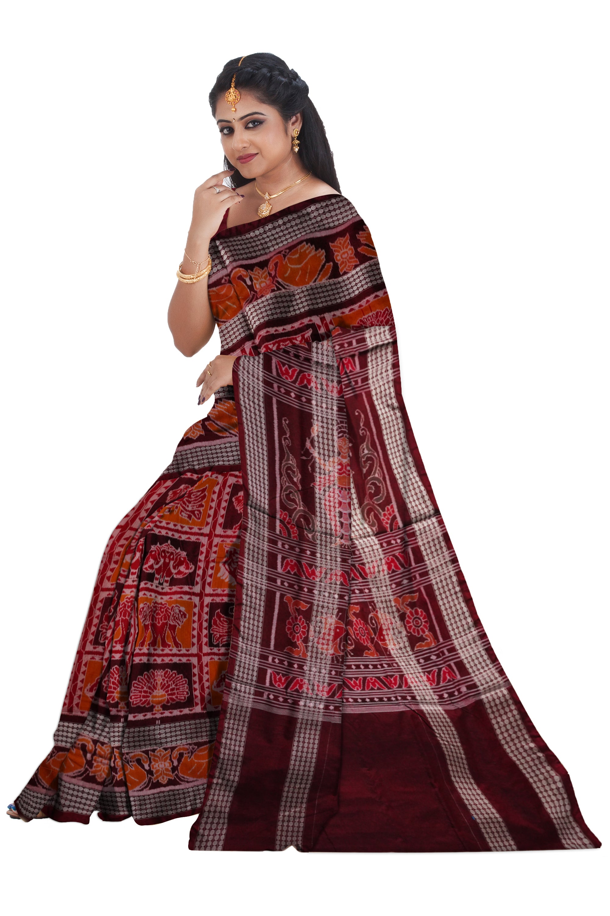 Copy of Yellow and marron color Sambalpuri cotton saree with big border. - Koshali Arts & Crafts Enterprise
