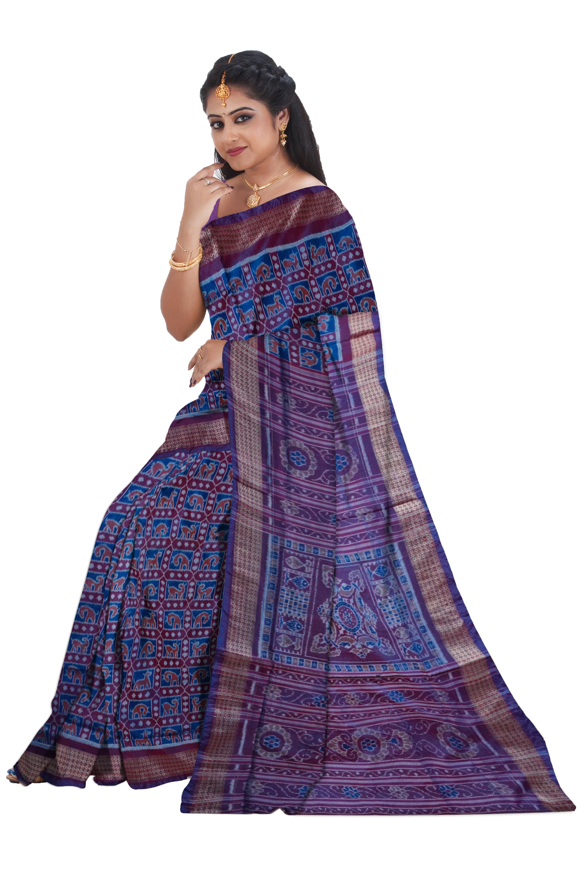 Different type of movement of a animal design on full body work sambalpuri saree in sky and light purple colour. - Koshali Arts & Crafts Enterprise