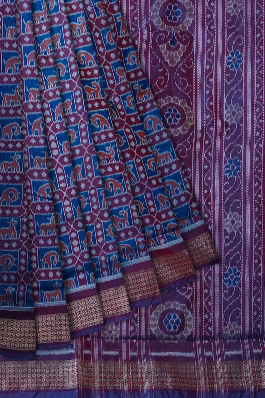 Different type of movement of a animal design on full body work sambalpuri saree in sky and light purple colour. - Koshali Arts & Crafts Enterprise