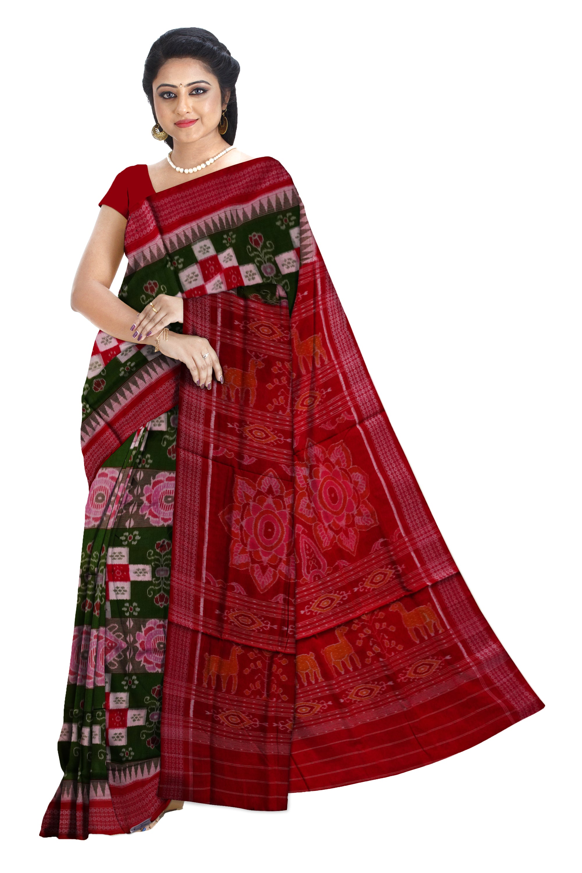 Green and Red colour triple lining big pasapali pattern sambalpuri cotton saree. - Koshali Arts & Crafts Enterprise