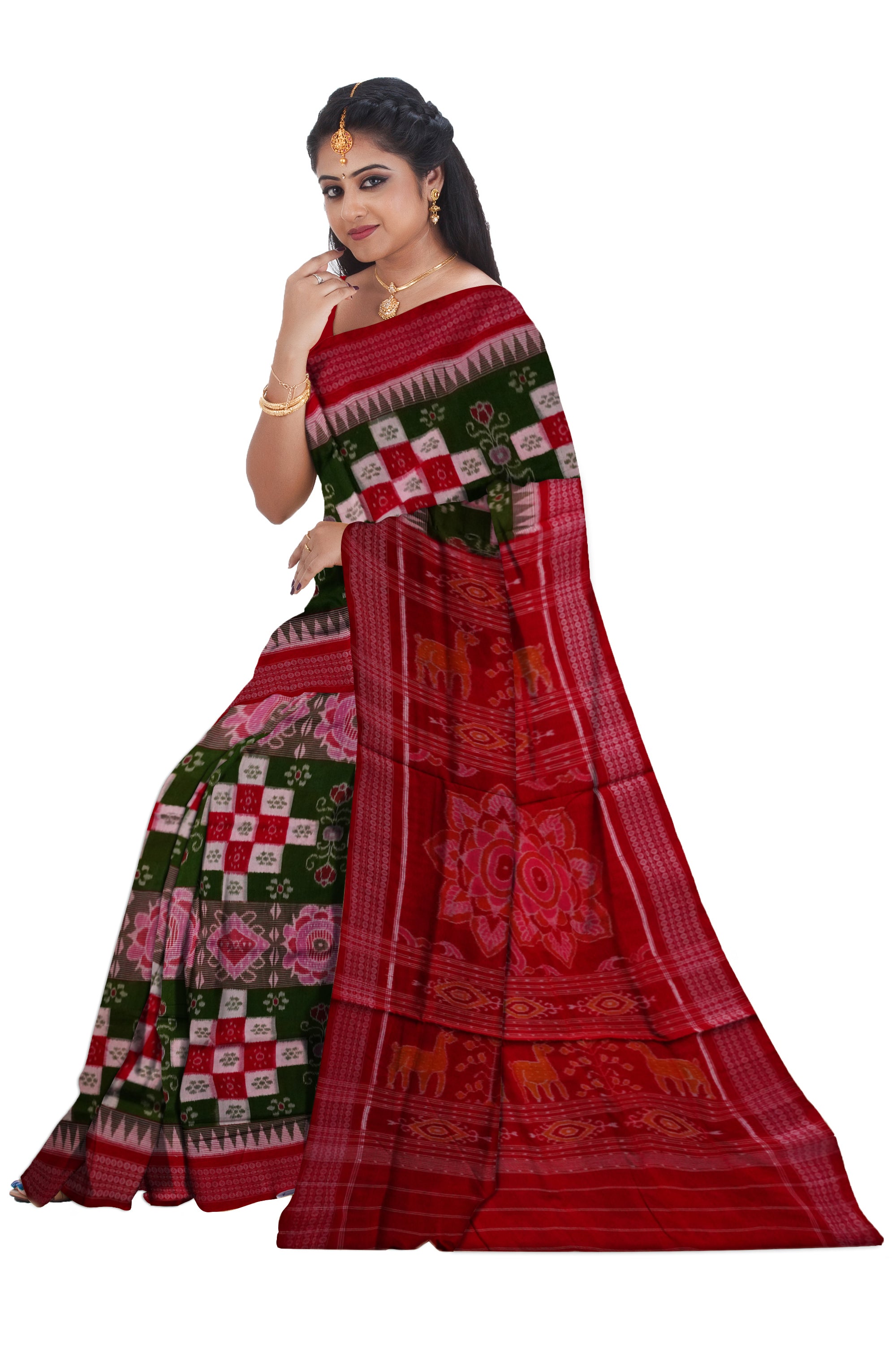 Green and Red colour triple lining big pasapali pattern sambalpuri cotton saree. - Koshali Arts & Crafts Enterprise