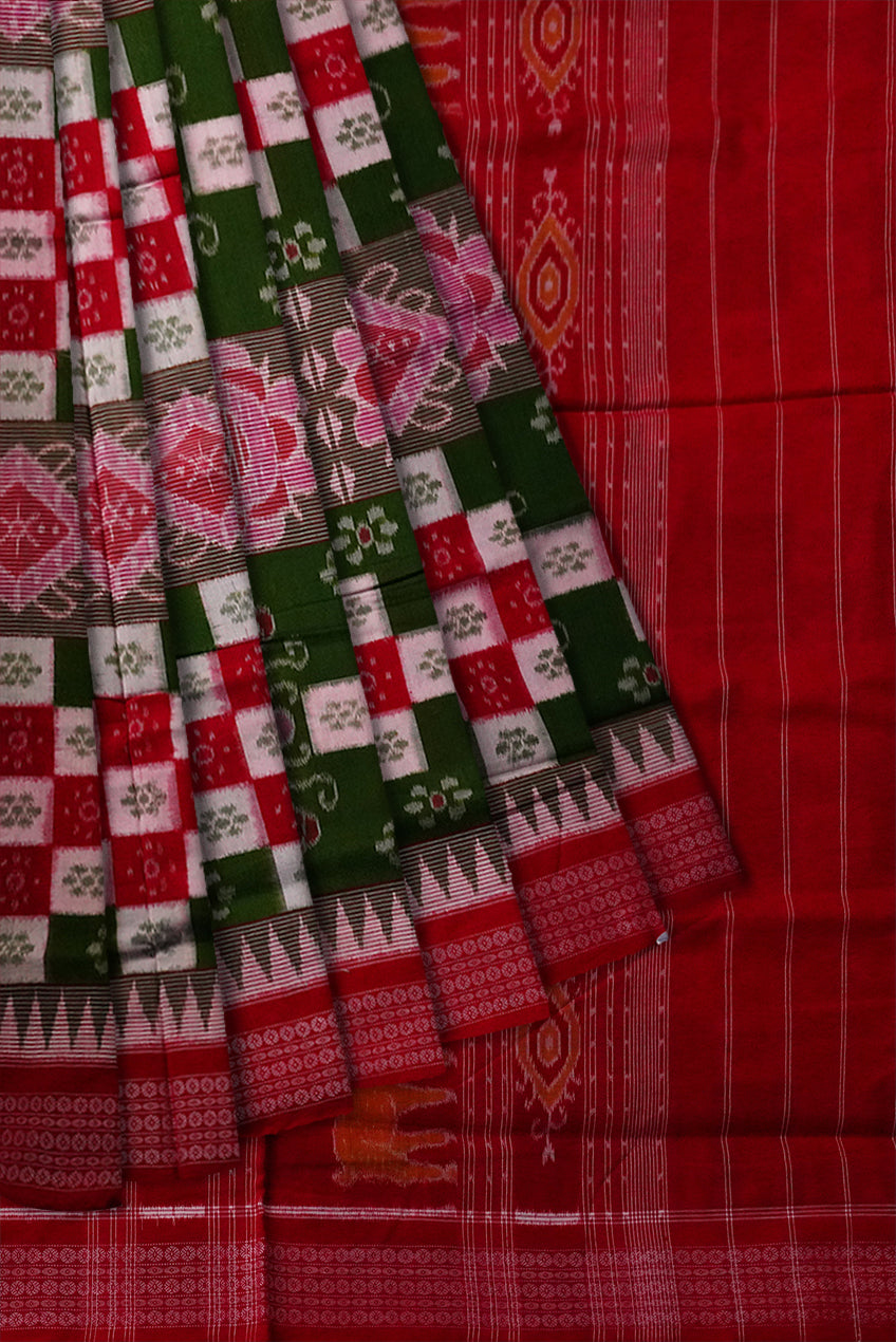 Green and Red colour triple lining big pasapali pattern sambalpuri cotton saree. - Koshali Arts & Crafts Enterprise