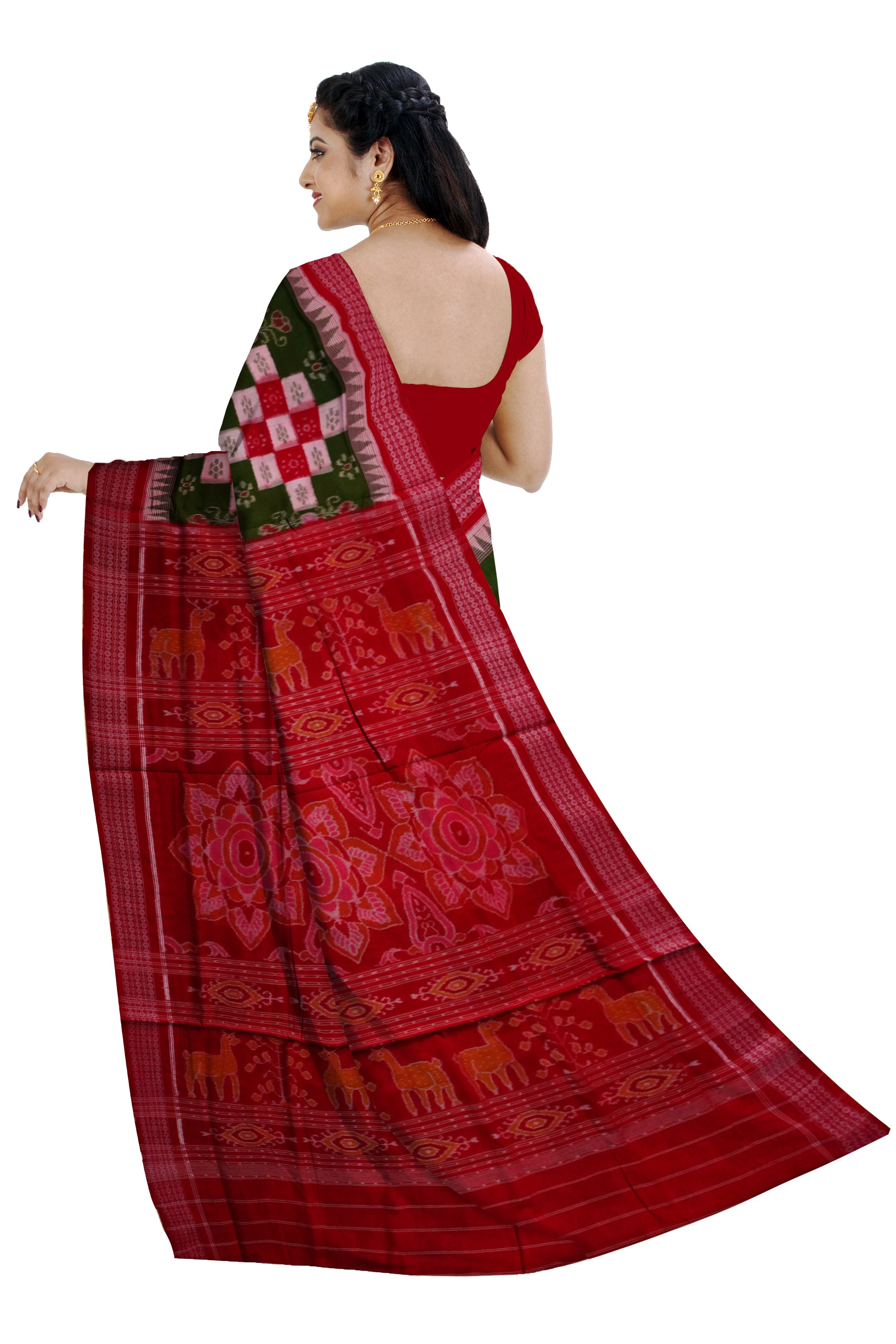 Green and Red colour triple lining big pasapali pattern sambalpuri cotton saree. - Koshali Arts & Crafts Enterprise