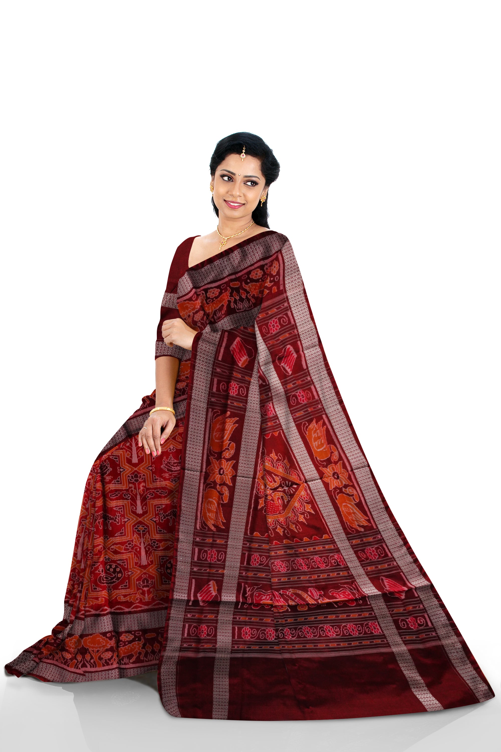 Copy of Yellow and marron color Sambalpuri cotton saree with big border. - Koshali Arts & Crafts Enterprise