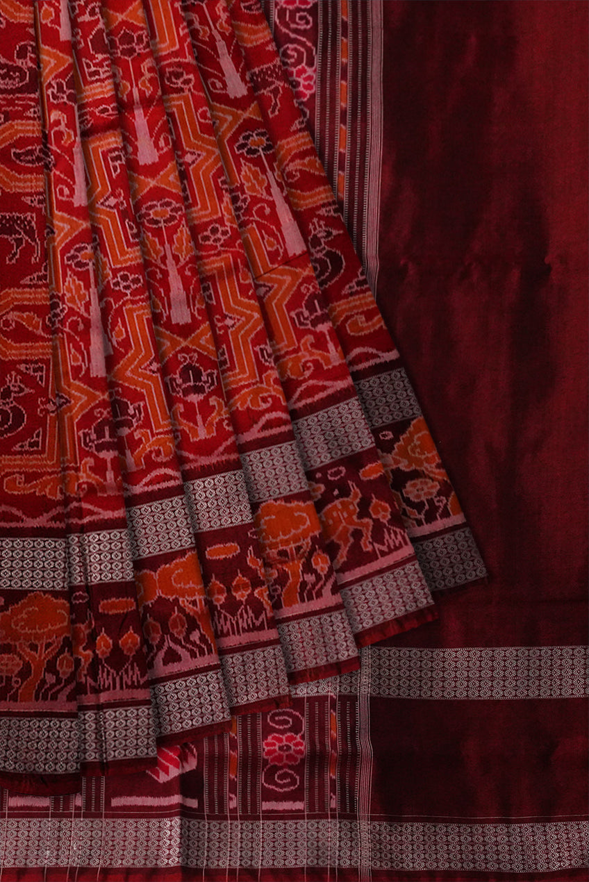 Animals and birds pattern with big border sambalpuri bapta cotton saree in  orange and maroon colour. - Koshali Arts & Crafts Enterprise