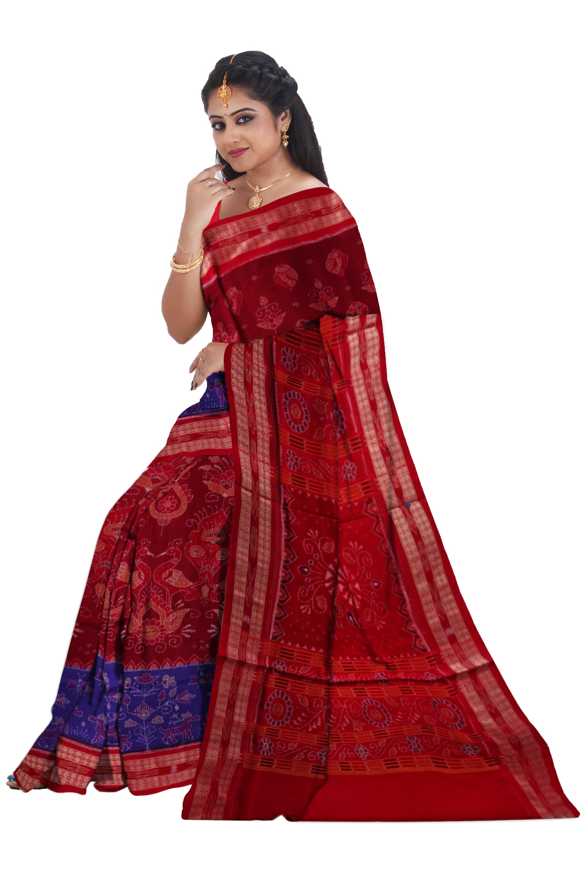 Maroon and Blue color peacock pattern Sambalpuri cotton saree. - Koshali Arts & Crafts Enterprise