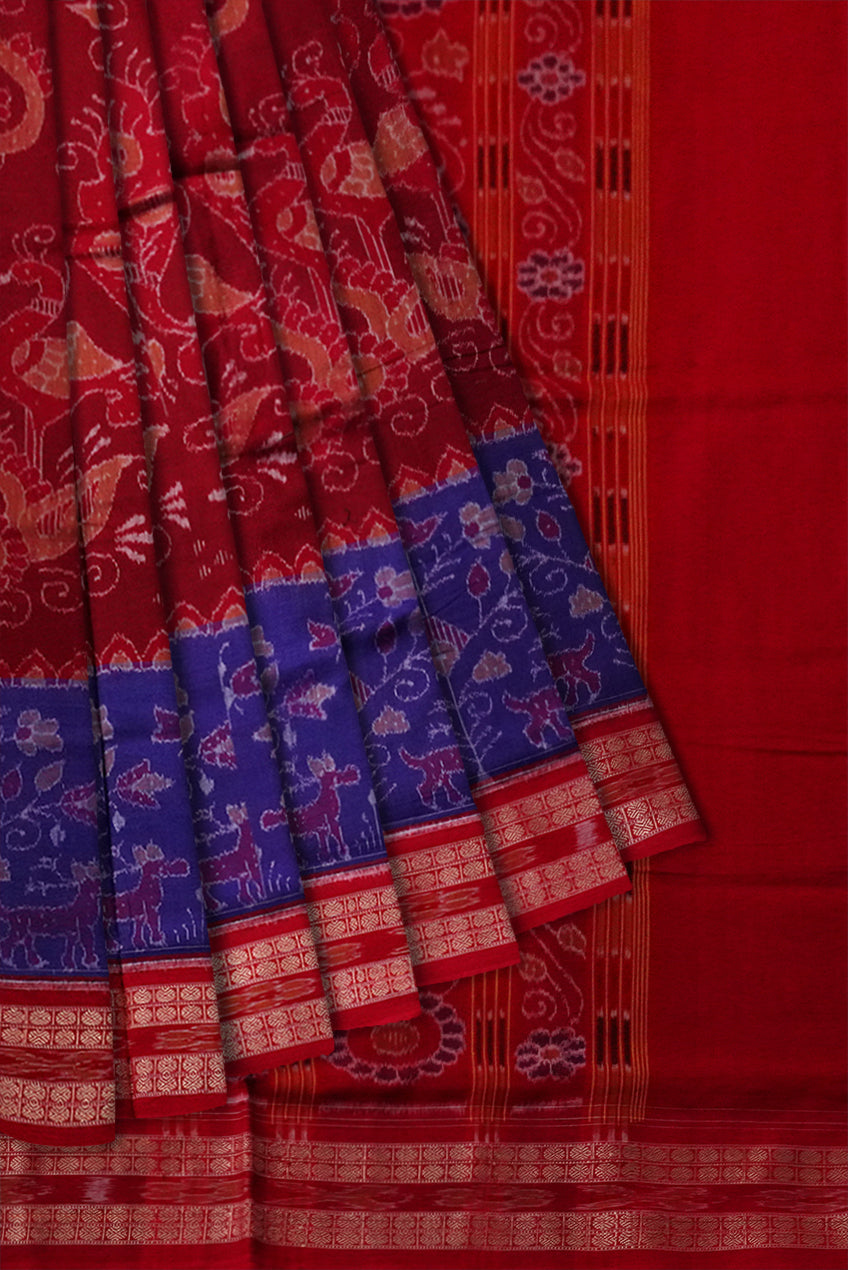 Maroon and Blue color peacock pattern Sambalpuri cotton saree. - Koshali Arts & Crafts Enterprise