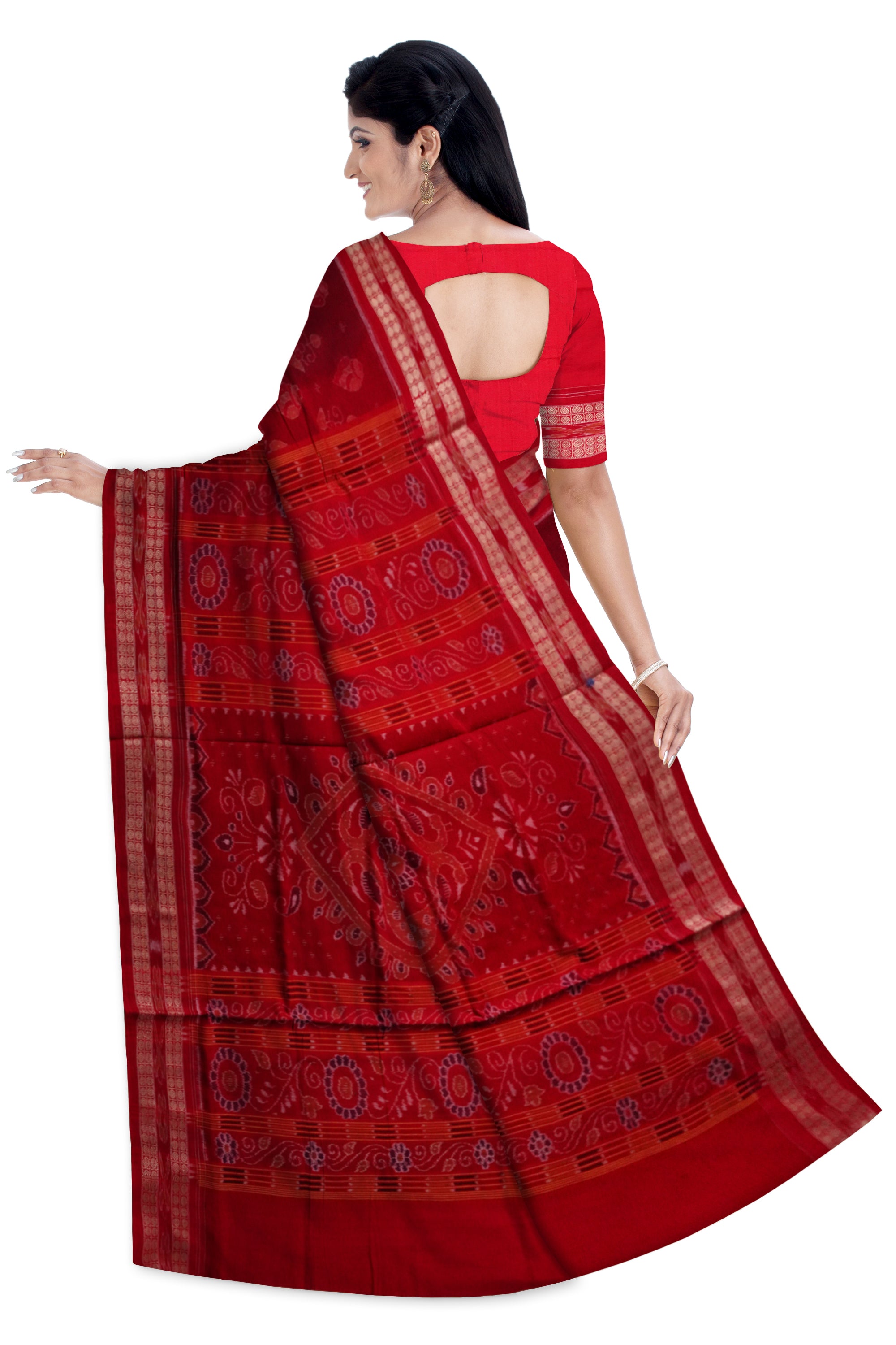 Maroon and Blue color peacock pattern Sambalpuri cotton saree. - Koshali Arts & Crafts Enterprise