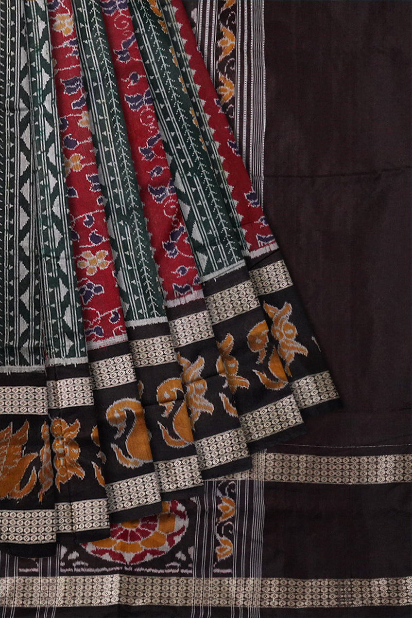 Bandha design in Deep green, maroon 2D color combination with black pallu. - Koshali Arts & Crafts Enterprise