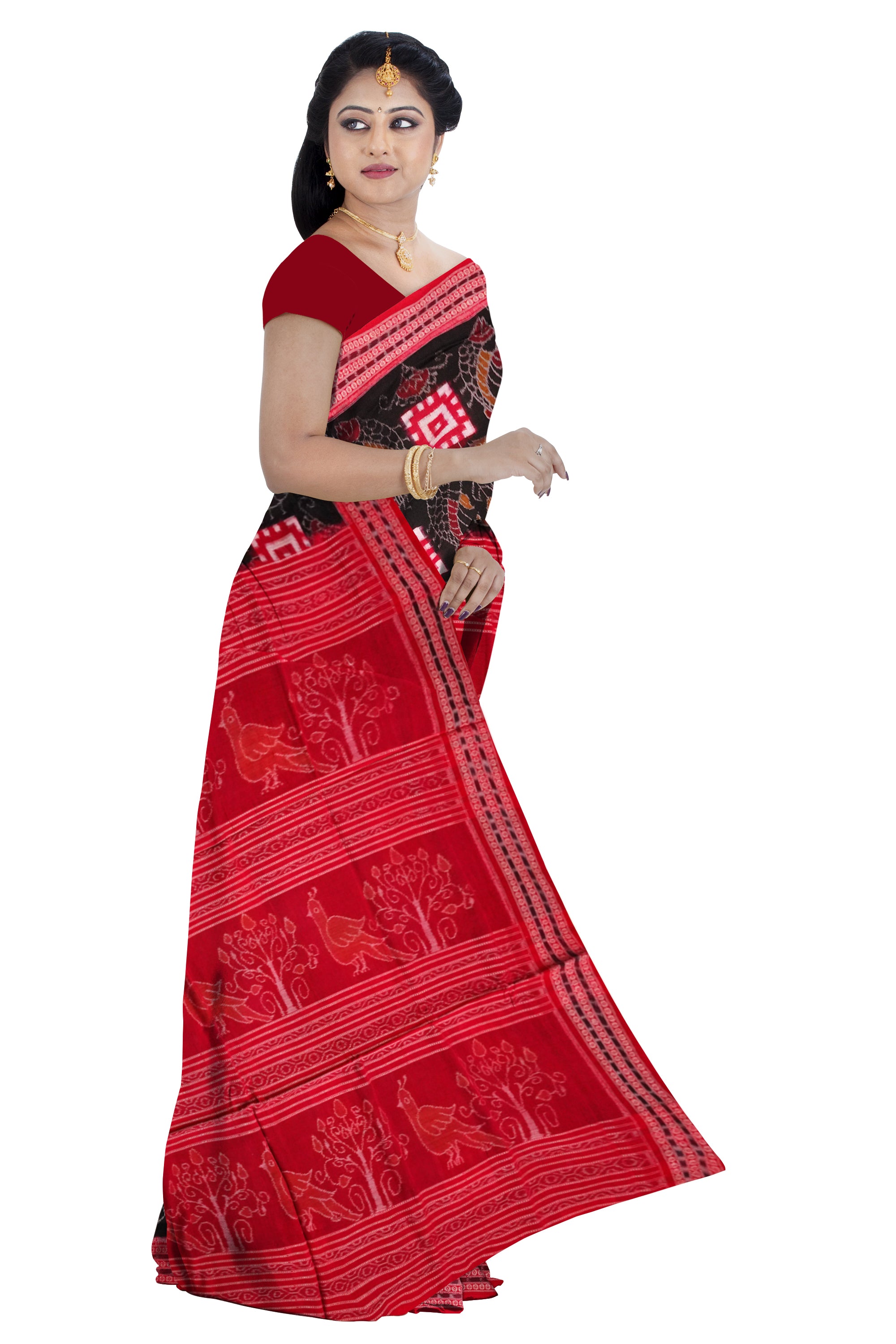 Black and Red color box and fish pattern sambalpuri cotton saree. - Koshali Arts & Crafts Enterprise