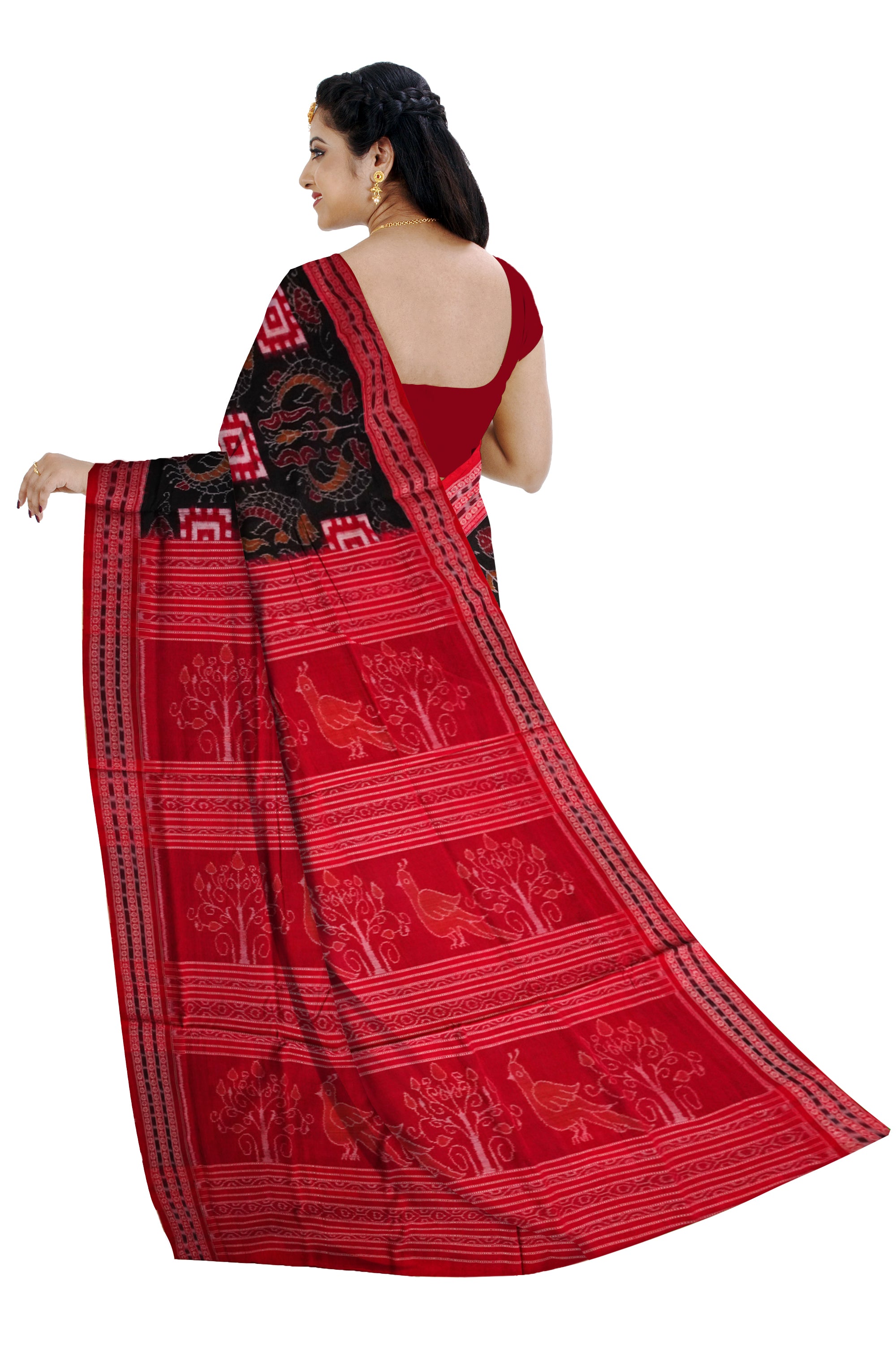 Black and Red color box and fish pattern sambalpuri cotton saree. - Koshali Arts & Crafts Enterprise