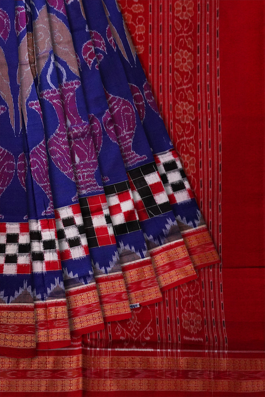 Blue and Red color Pasapali with parrot design sambalpuri cotton saree. - Koshali Arts & Crafts Enterprise