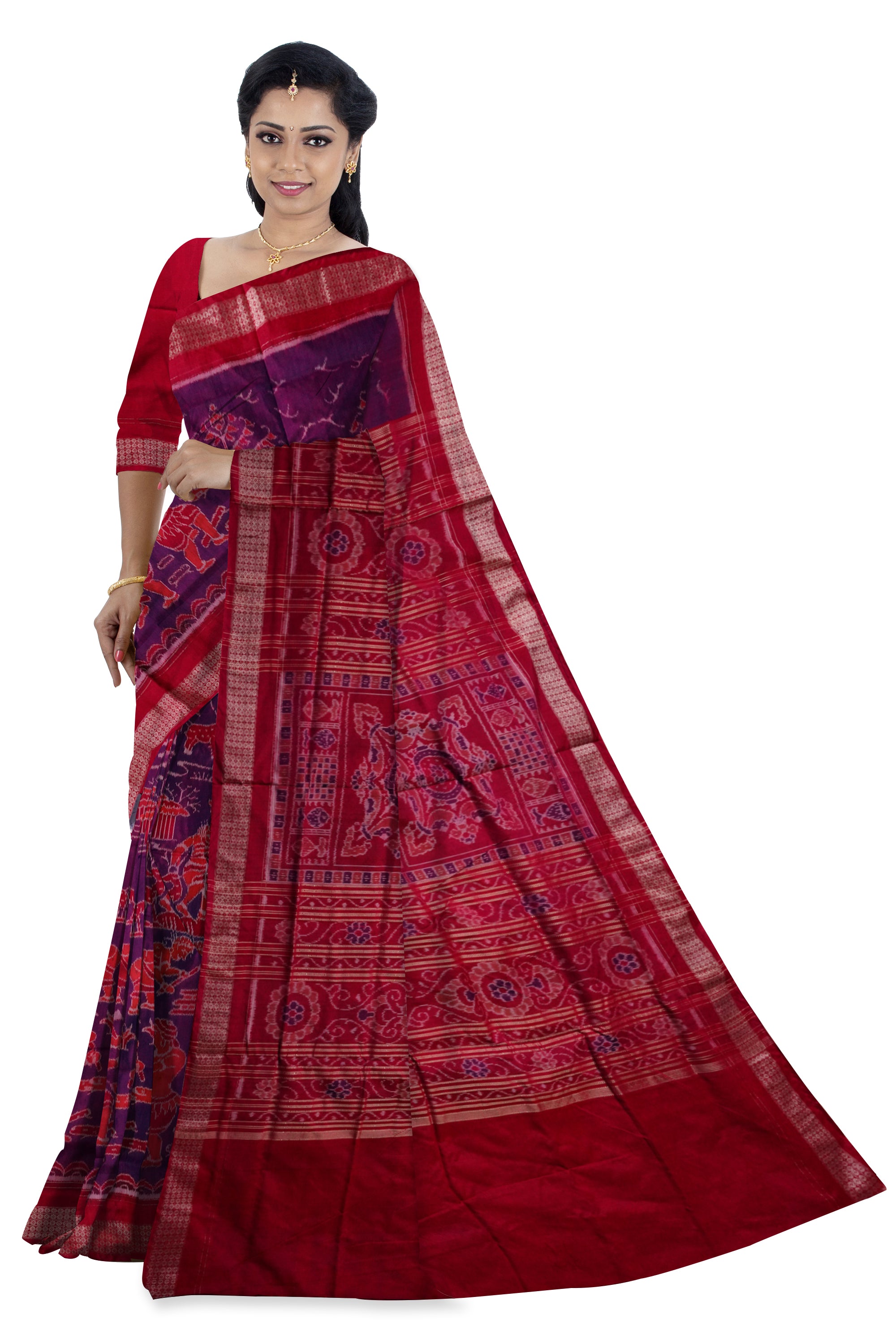 Traditional shabari design Bapta cotton saree in Purple and Red color. - Koshali Arts & Crafts Enterprise