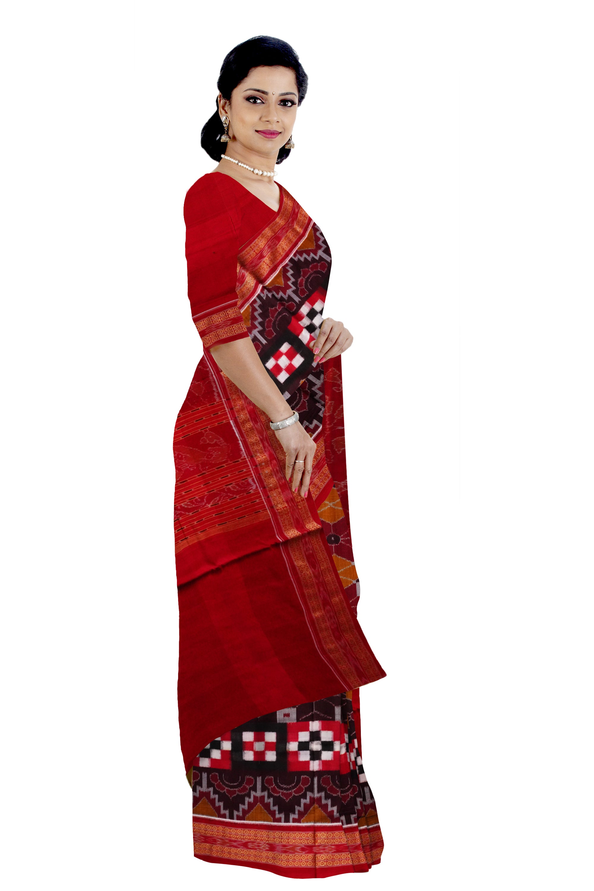 Coffee, red and yellow color pure sambalpuri box pattern cotton saree. - Koshali Arts & Crafts Enterprise