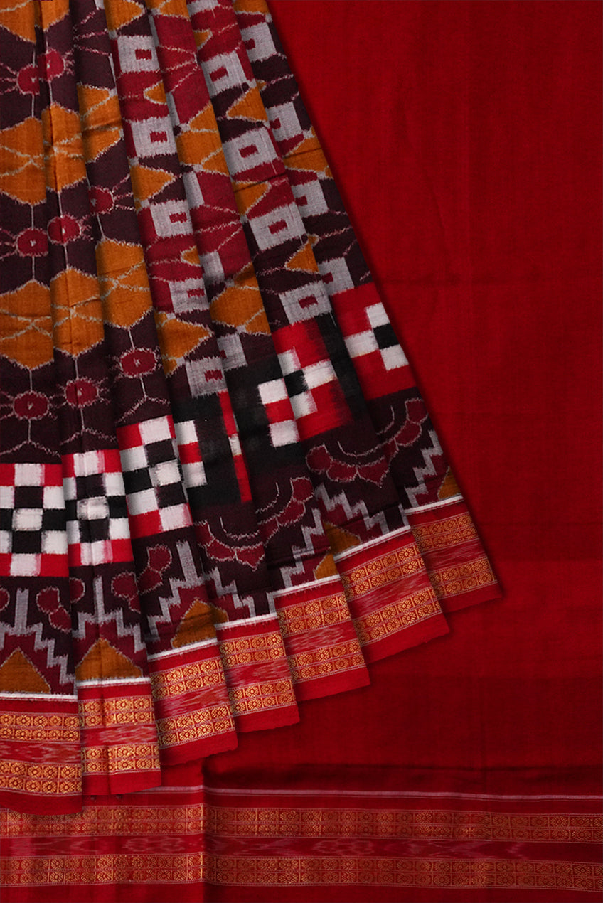 Coffee, red and yellow color pure sambalpuri box pattern cotton saree. - Koshali Arts & Crafts Enterprise