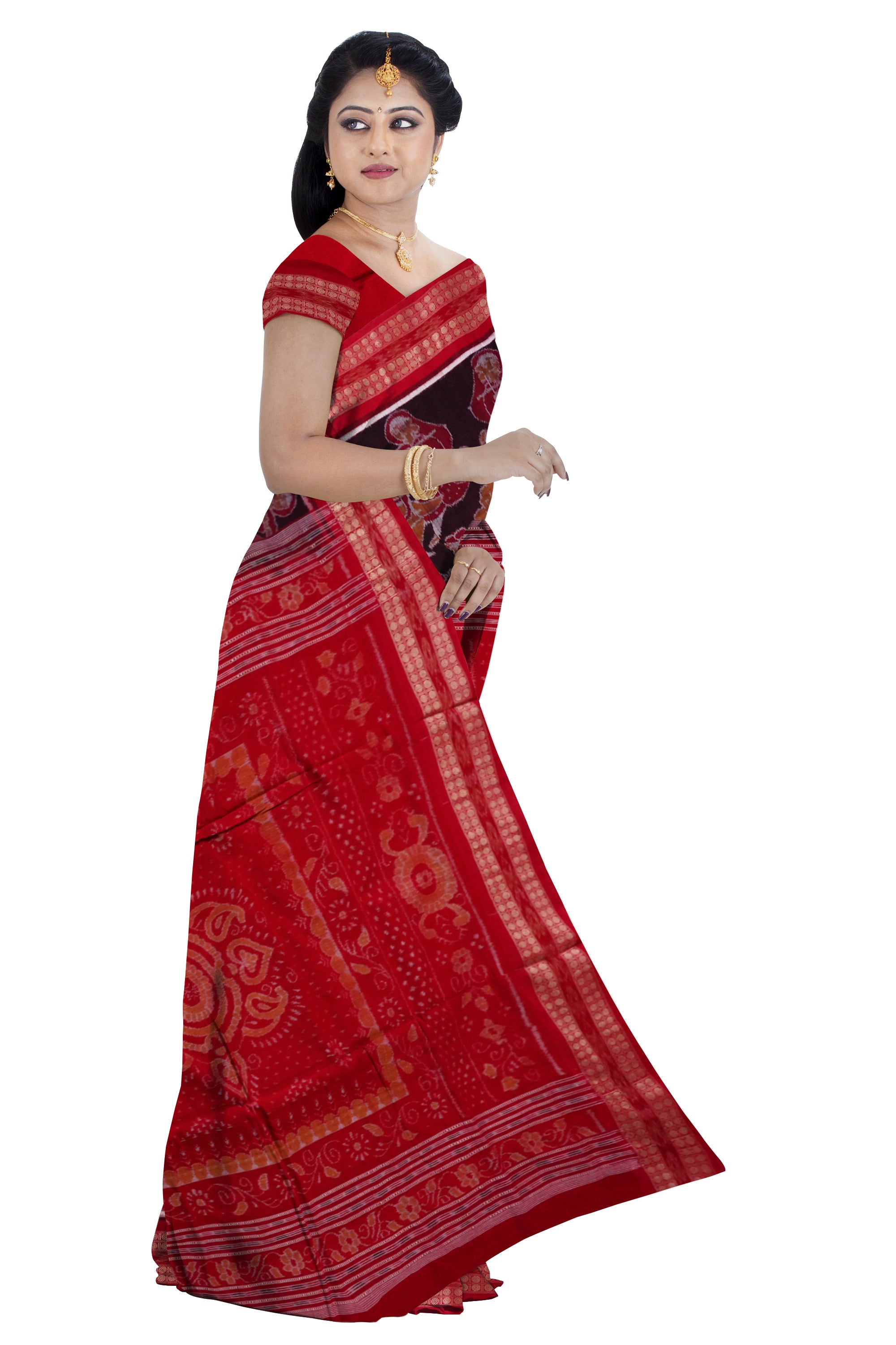 Dandiya and marriage culture work on full body sambalpuri pure cotton saree in coffee, red and orange. - Koshali Arts & Crafts Enterprise