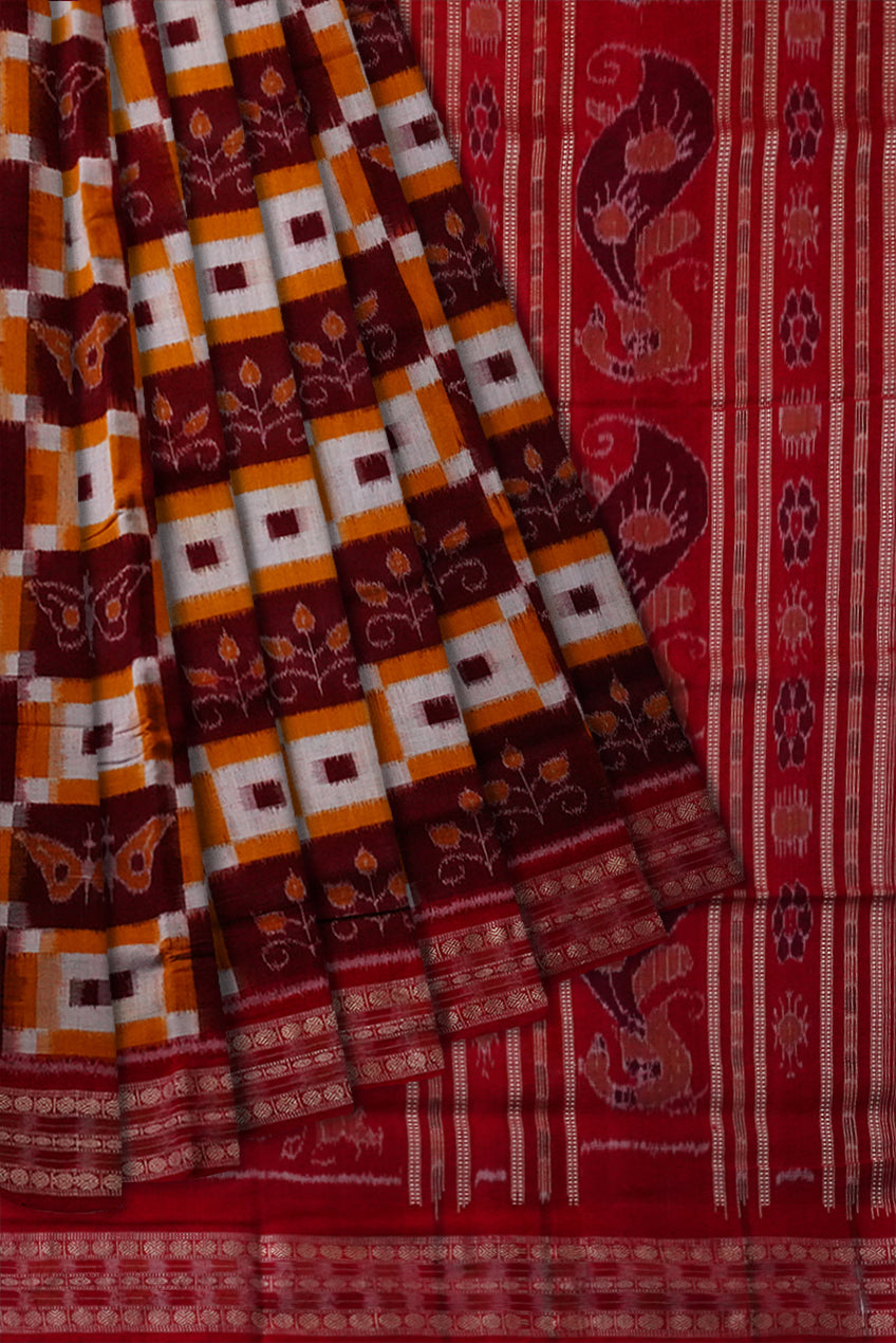 Yellow, Coffee and Red color small butterfly on box pattern sambalpuri pure cotton saree. - Koshali Arts & Crafts Enterprise