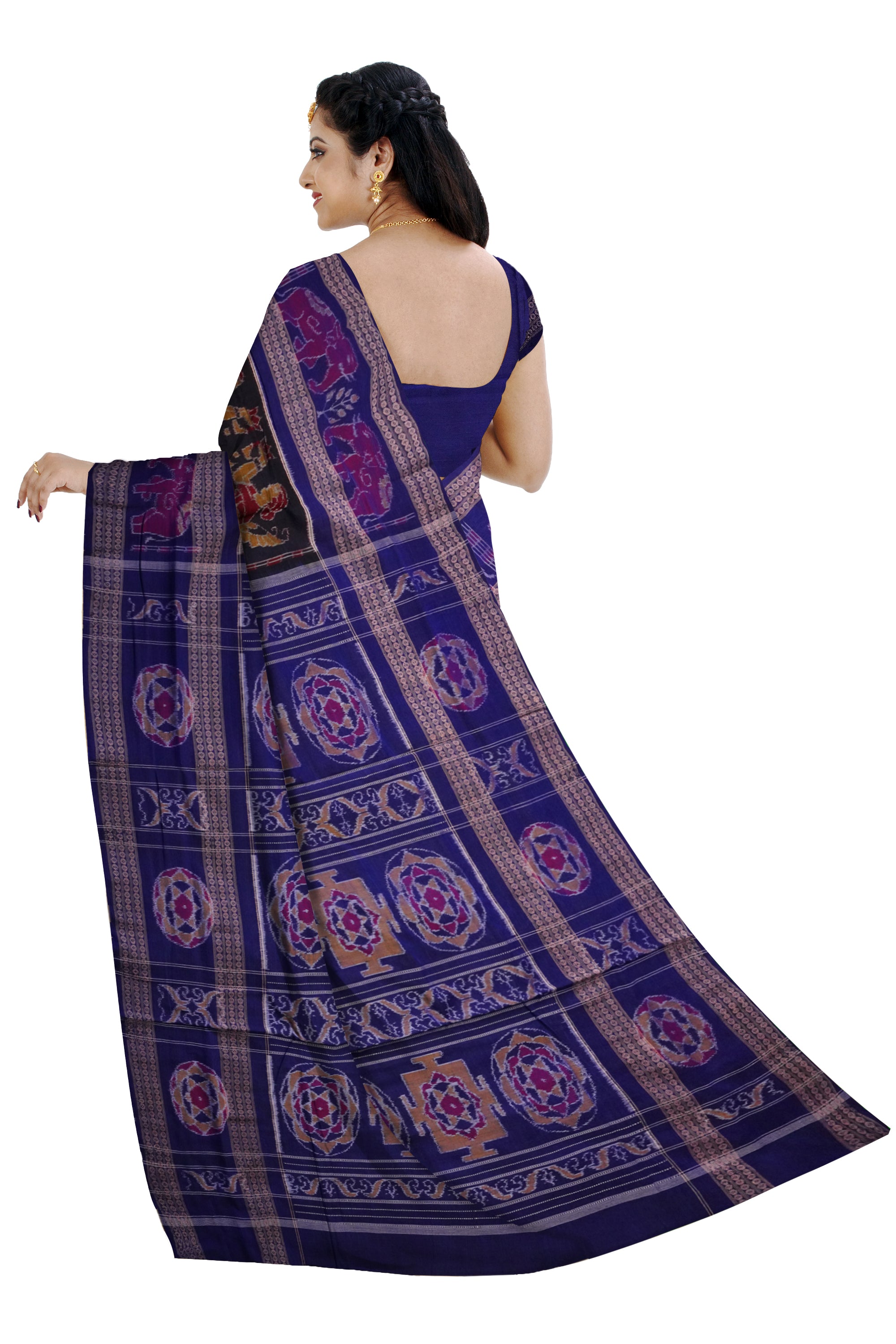 Nartaki and Elephant design full body work with big border in Maroon, Black, Mehndi and Blue color Sambalpuri cotton saree.r - Koshali Arts & Crafts Enterprise