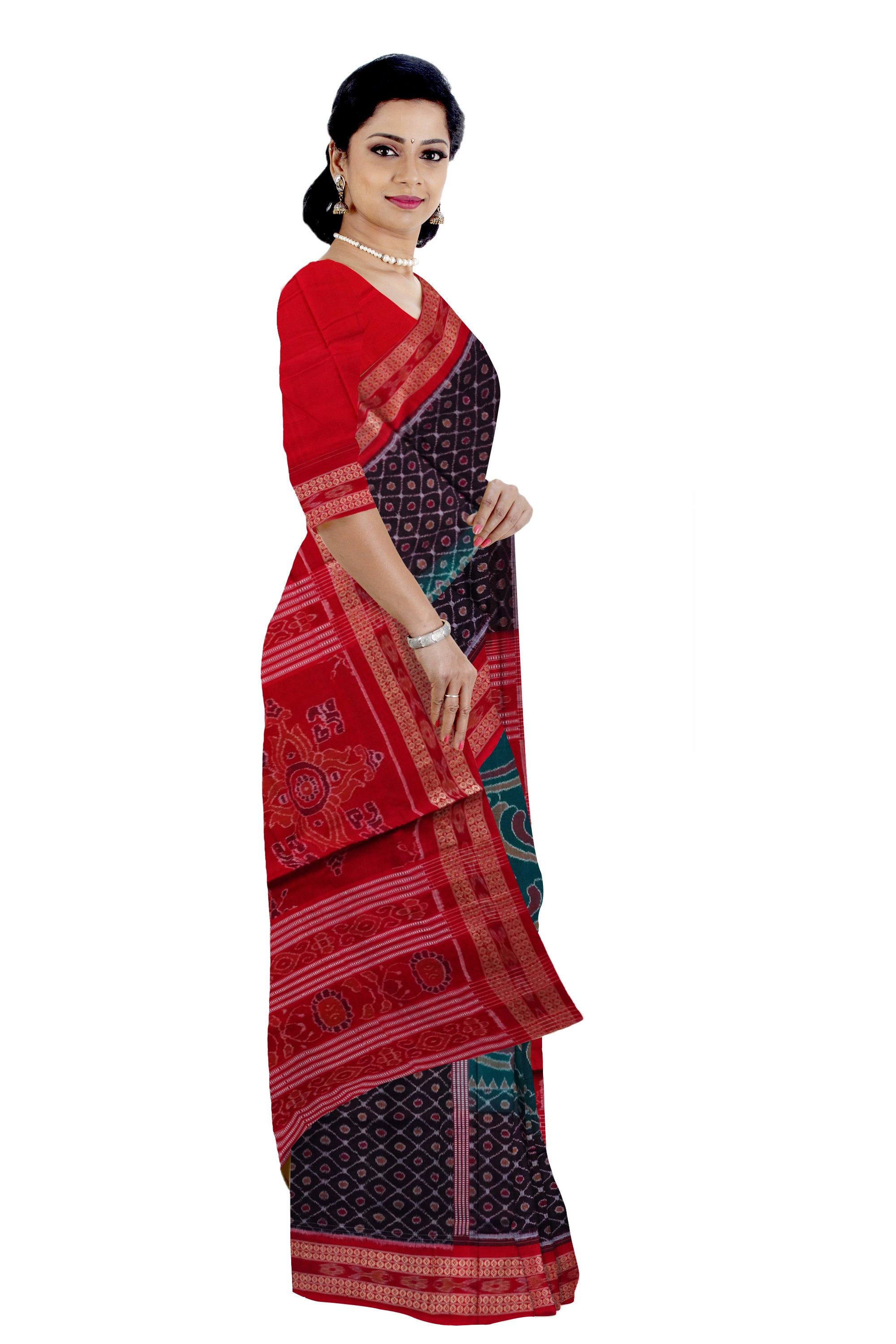 Black, Green and Red color new design Sambalpuri cotton saree. - Koshali Arts & Crafts Enterprise