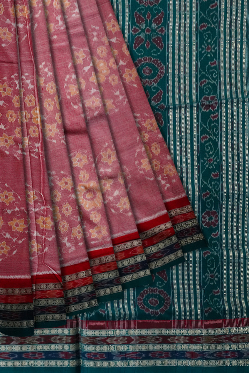 Baby pink and Aqua green color circular terracotta pattern Sambalpuri pure cotton saree. - Koshali Arts & Crafts Enterprise