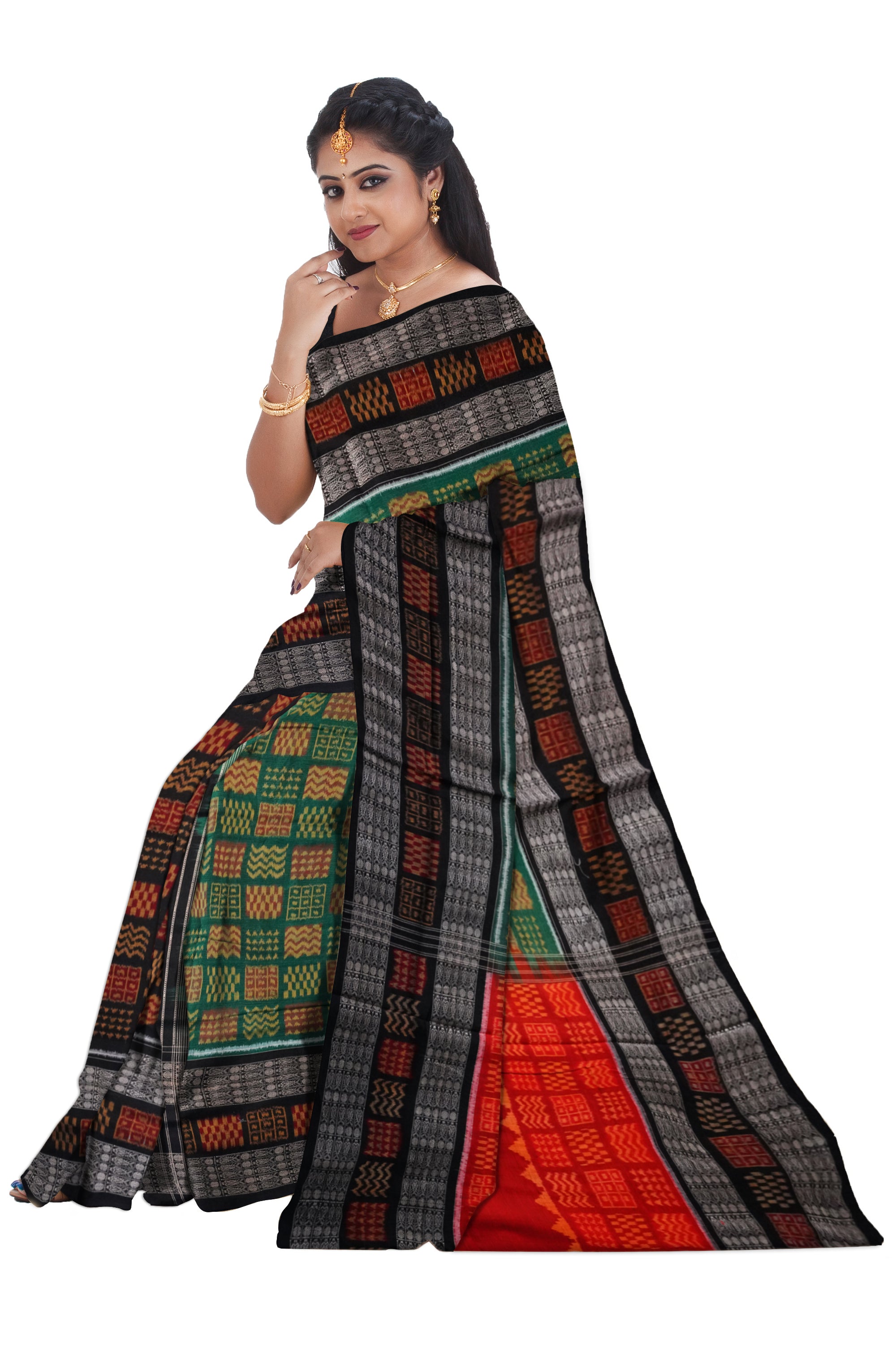 3D design Green, Red and Black color Sambalpuri pure cotton saree. - Koshali Arts & Crafts Enterprise