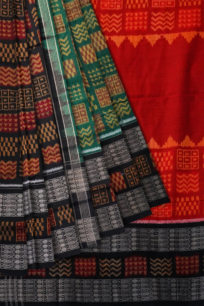 3D design Green, Red and Black color Sambalpuri pure cotton saree. - Koshali Arts & Crafts Enterprise