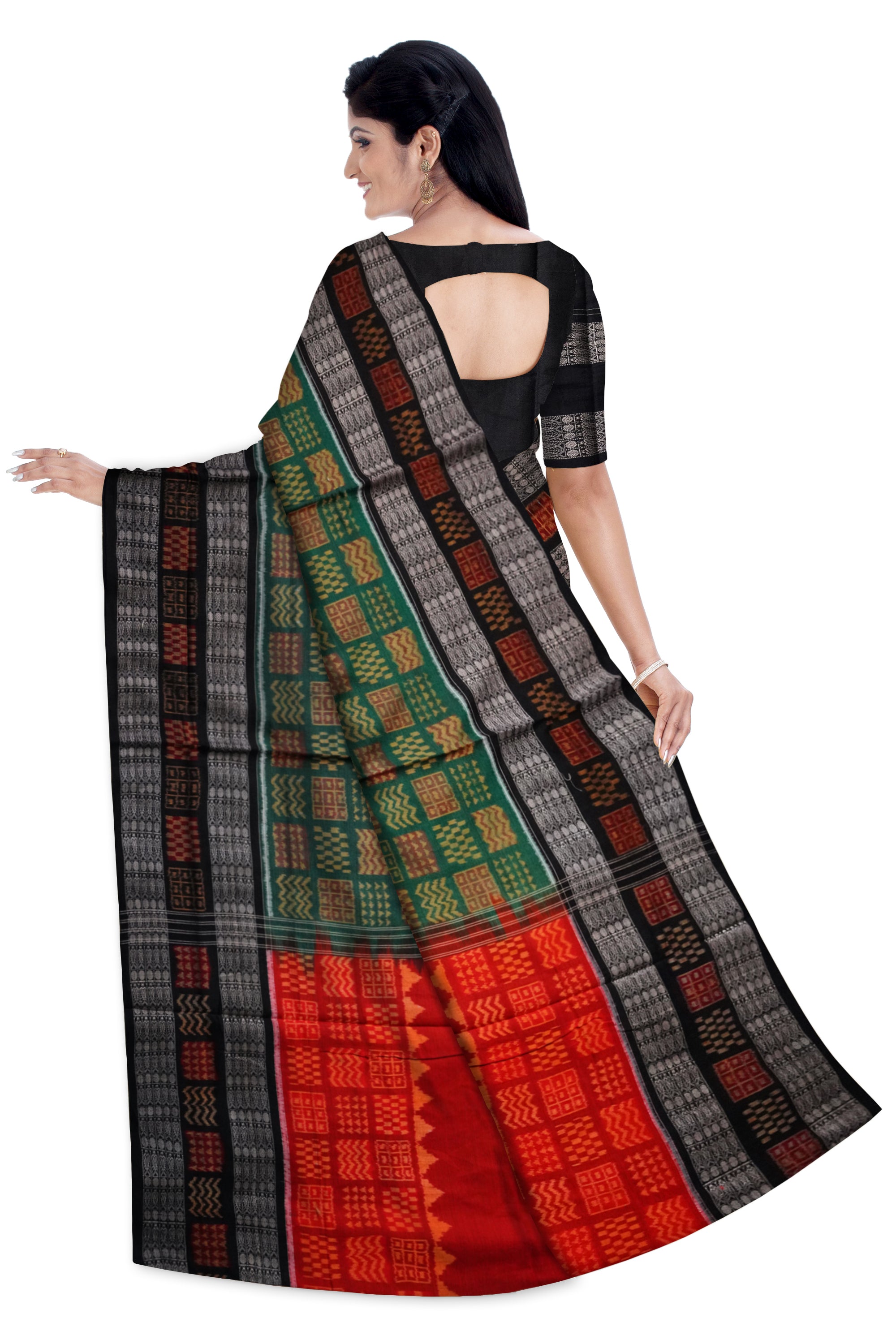 3D design Green, Red and Black color Sambalpuri pure cotton saree. - Koshali Arts & Crafts Enterprise
