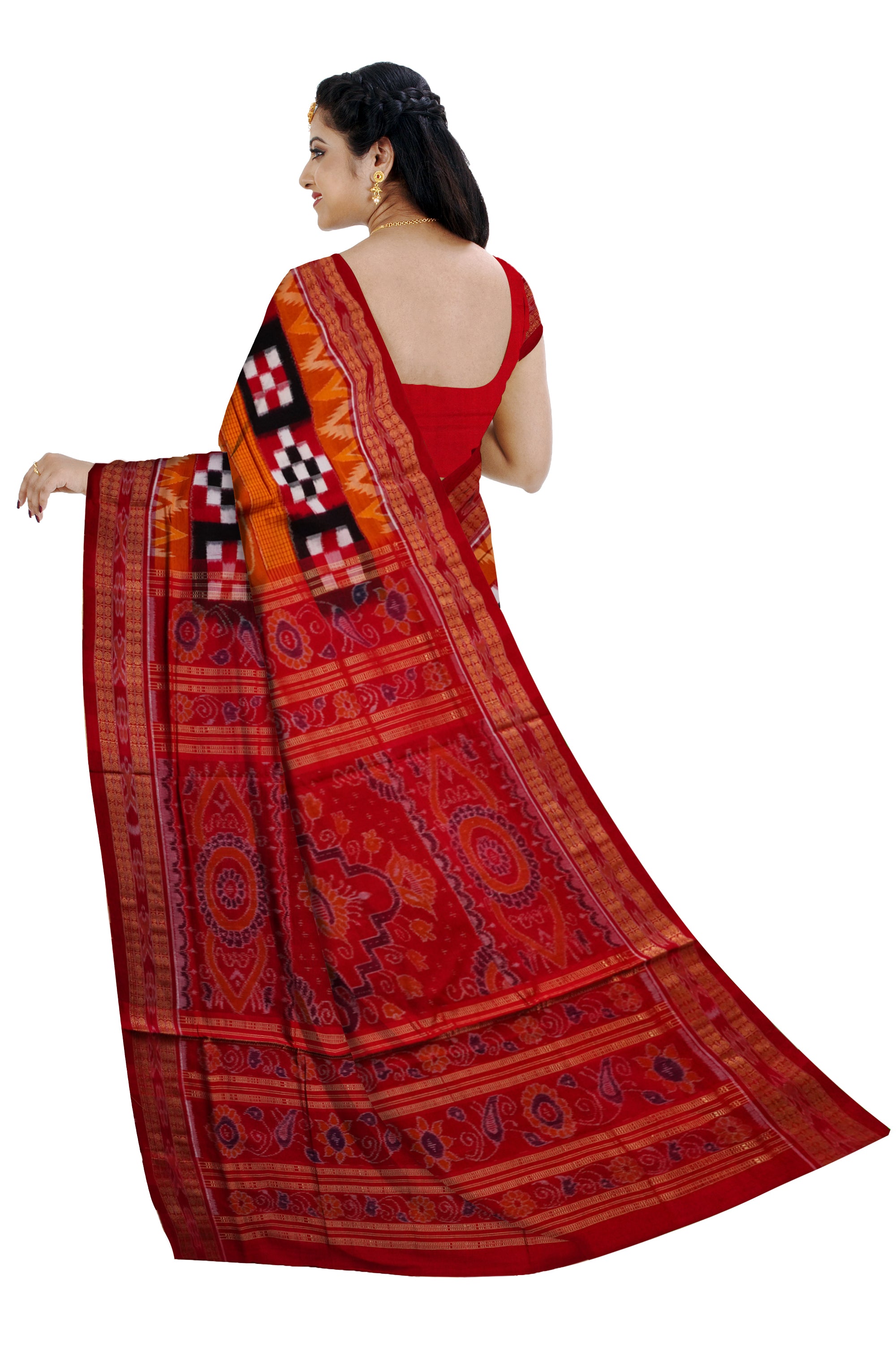 Yellow and Red color parrot design Sambalpuri pure cotton saree. - Koshali Arts & Crafts Enterprise