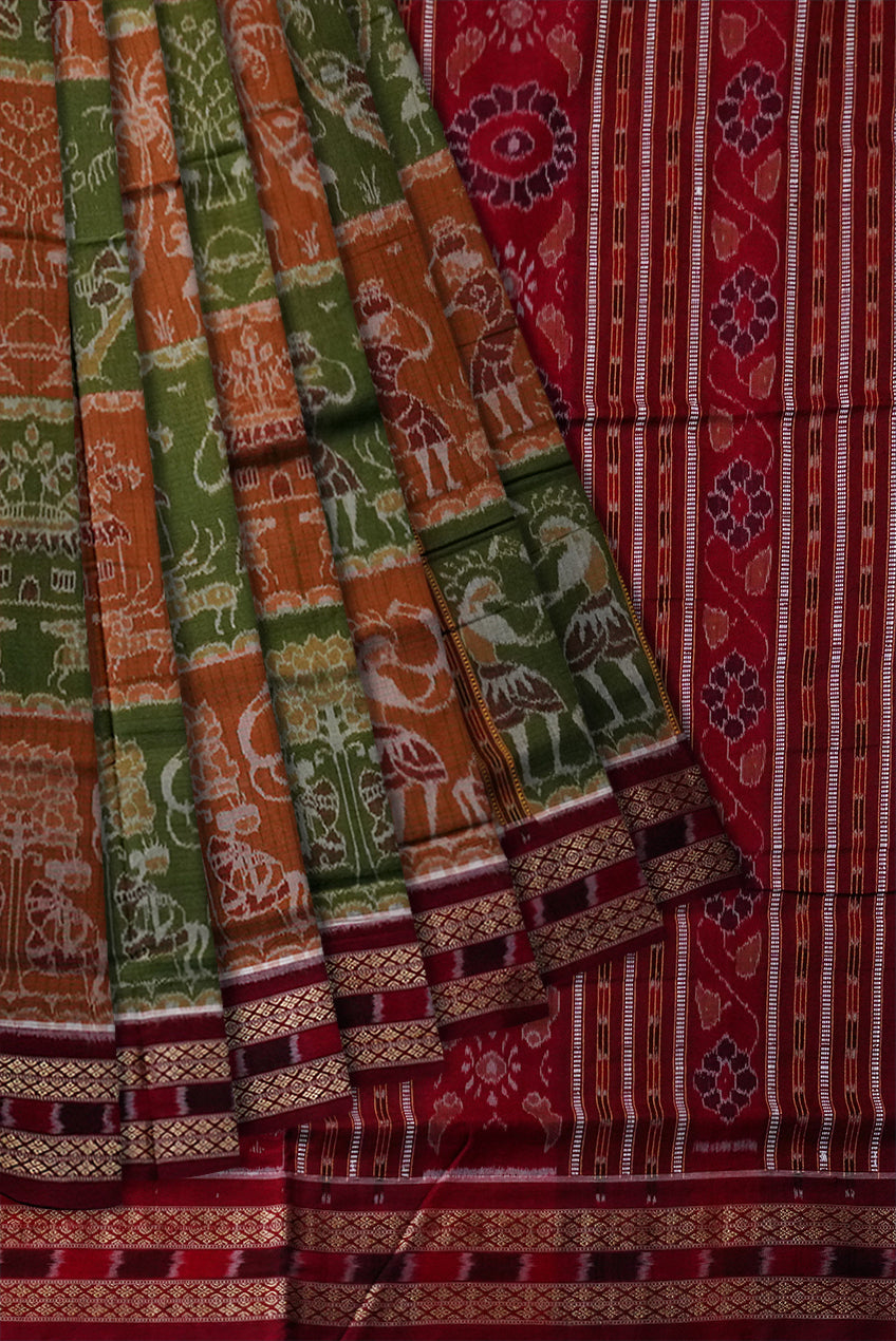 Green and brown color teracotta village pattern sambalpuri pure cotton saree. - Koshali Arts & Crafts Enterprise