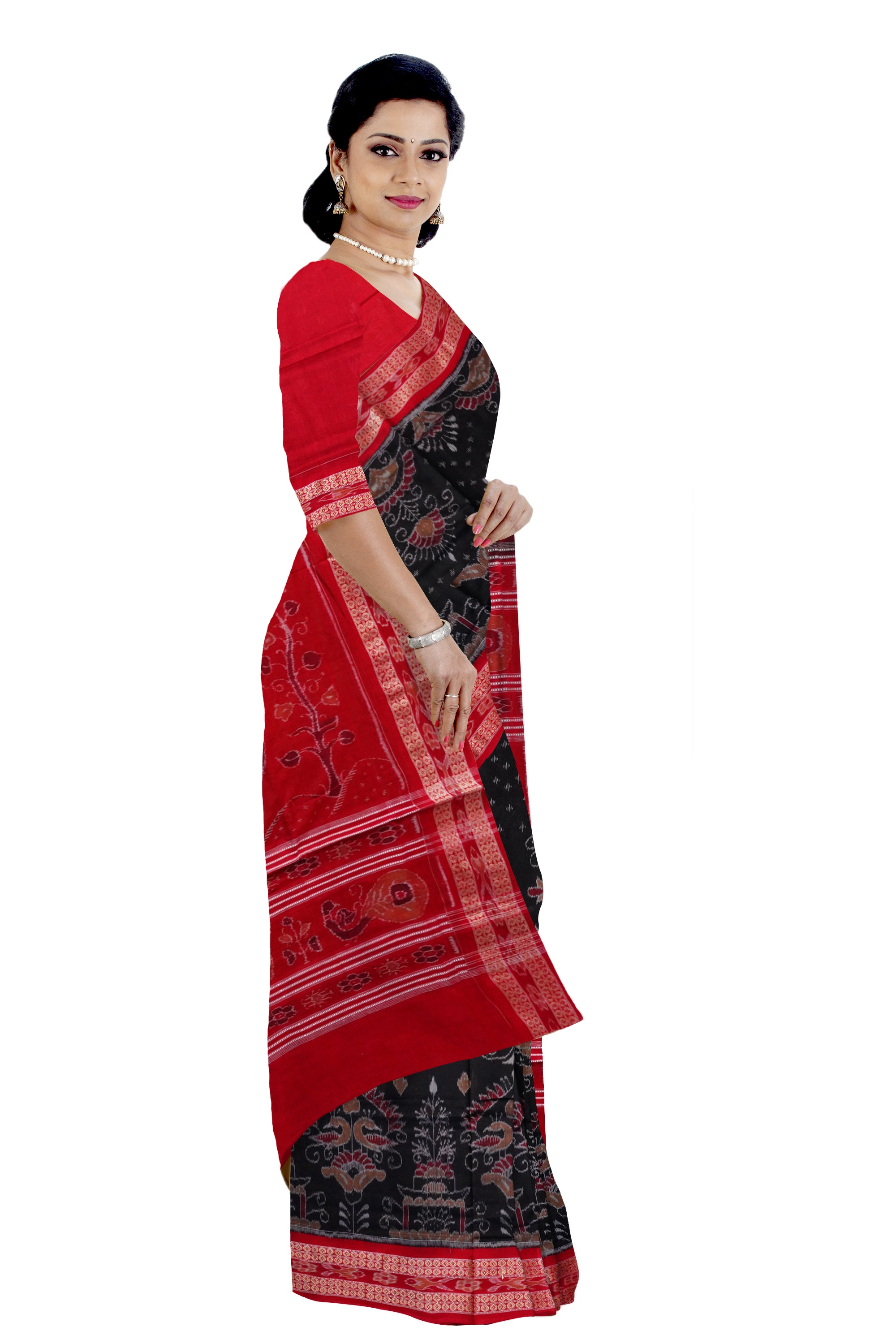 Black and Red color traditional peacock design Sambalpuri  pure cotton saree. - Koshali Arts & Crafts Enterprise
