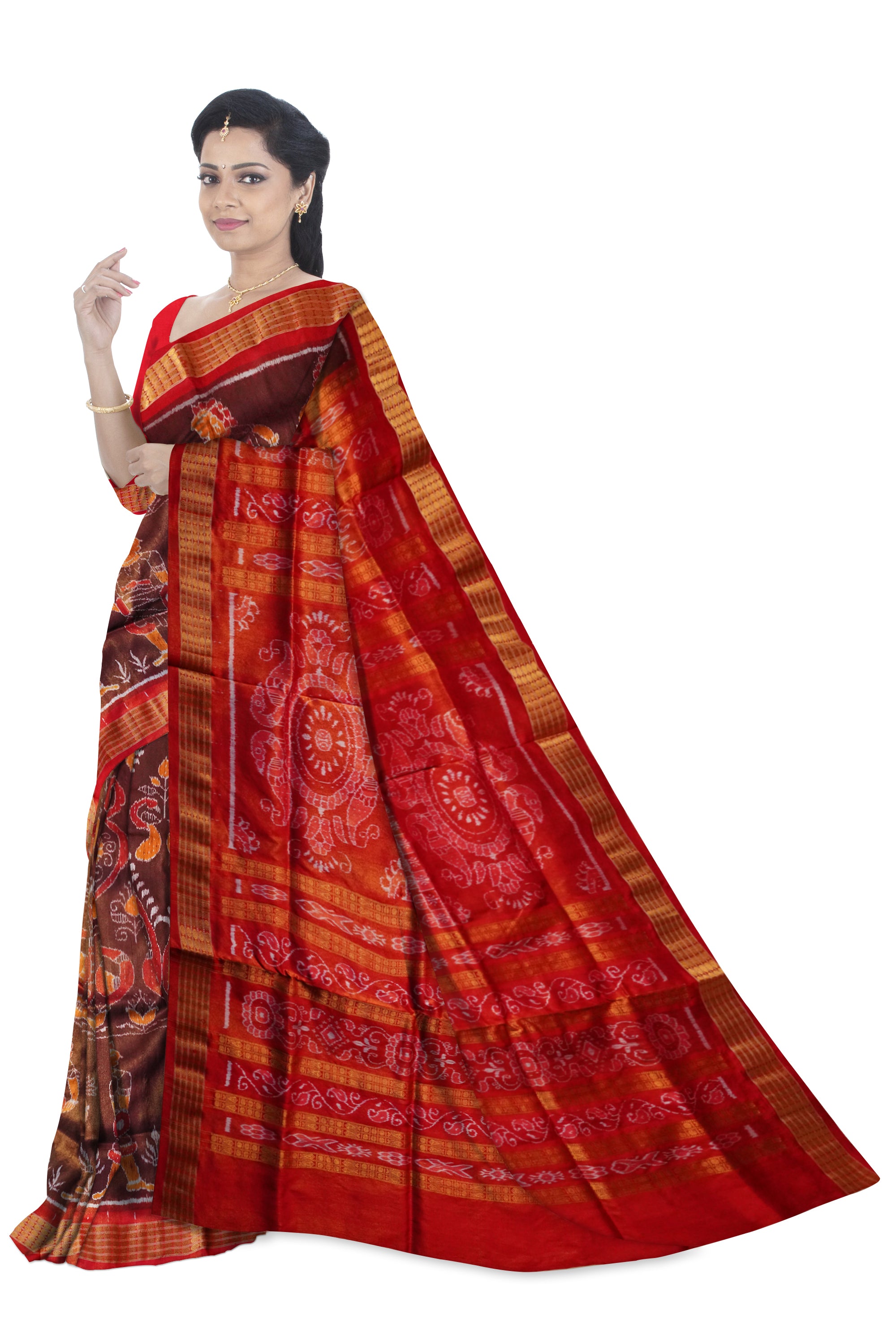Coffee and Red color Dhulia design sambalpuri tissue silk saree. - Koshali Arts & Crafts Enterprise