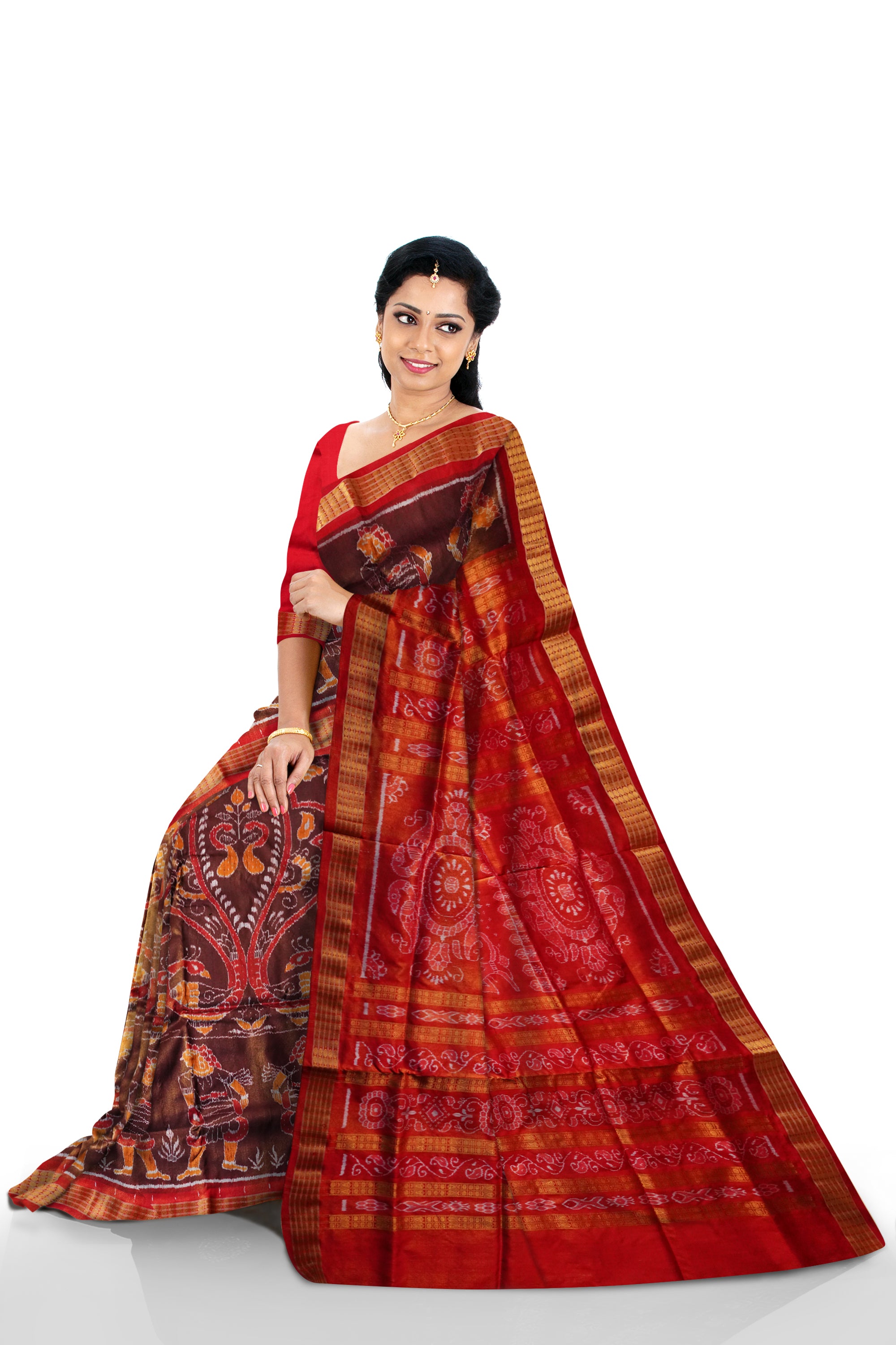 Coffee and Red color Dhulia design sambalpuri tissue silk saree. - Koshali Arts & Crafts Enterprise