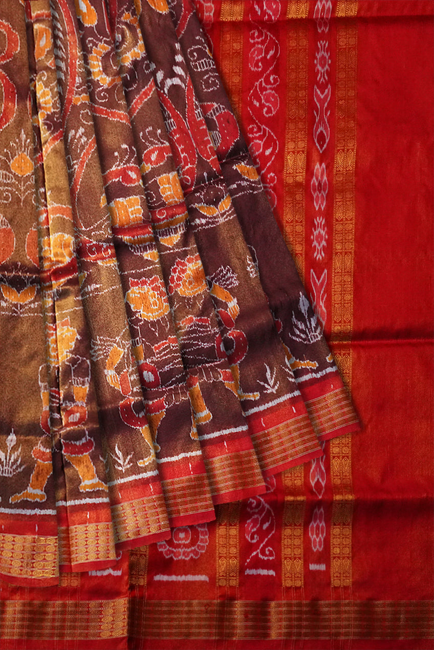 Coffee and Red color Dhulia design sambalpuri tissue silk saree. - Koshali Arts & Crafts Enterprise