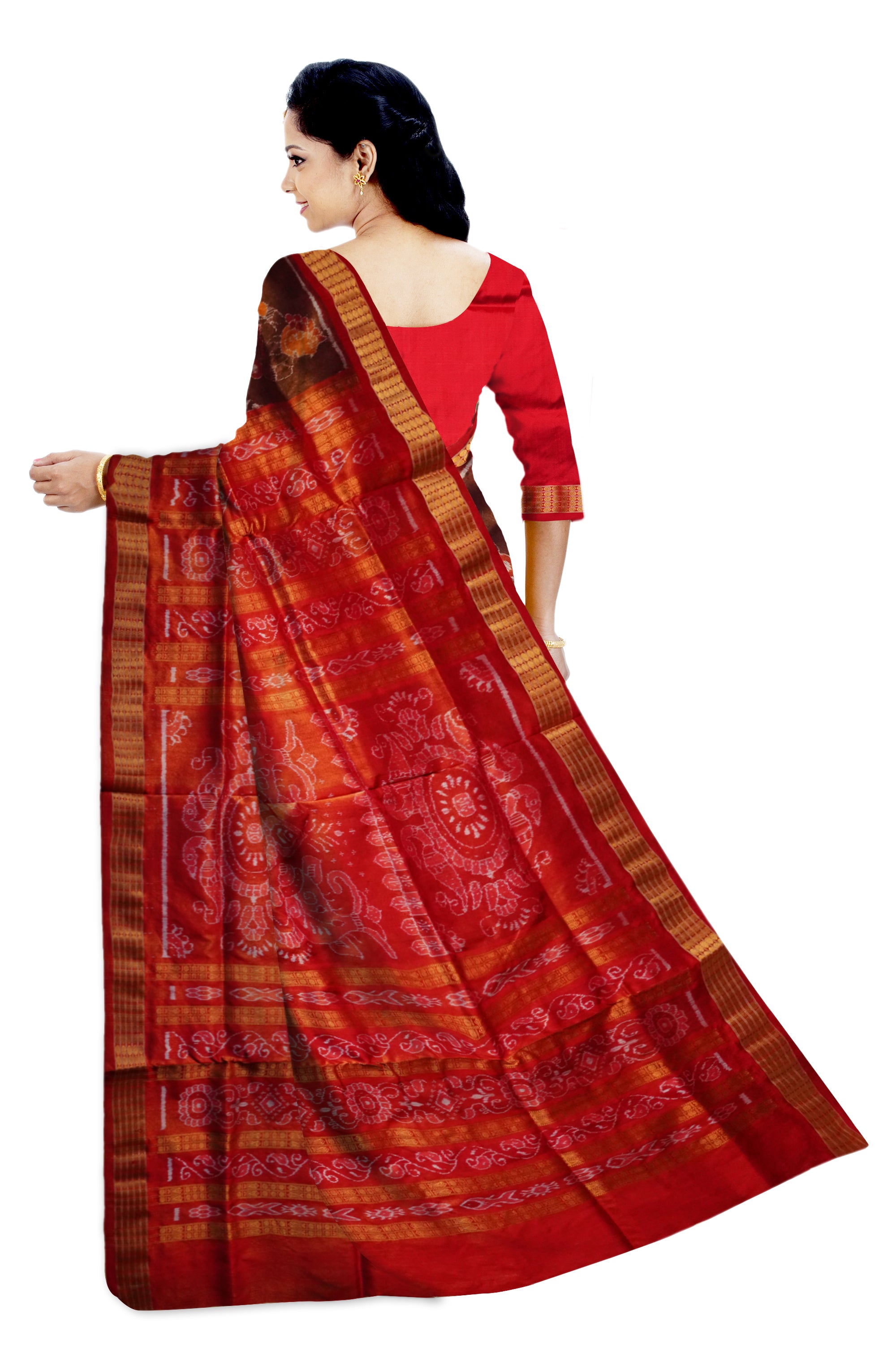 Coffee and Red color Dhulia design sambalpuri tissue silk saree. - Koshali Arts & Crafts Enterprise