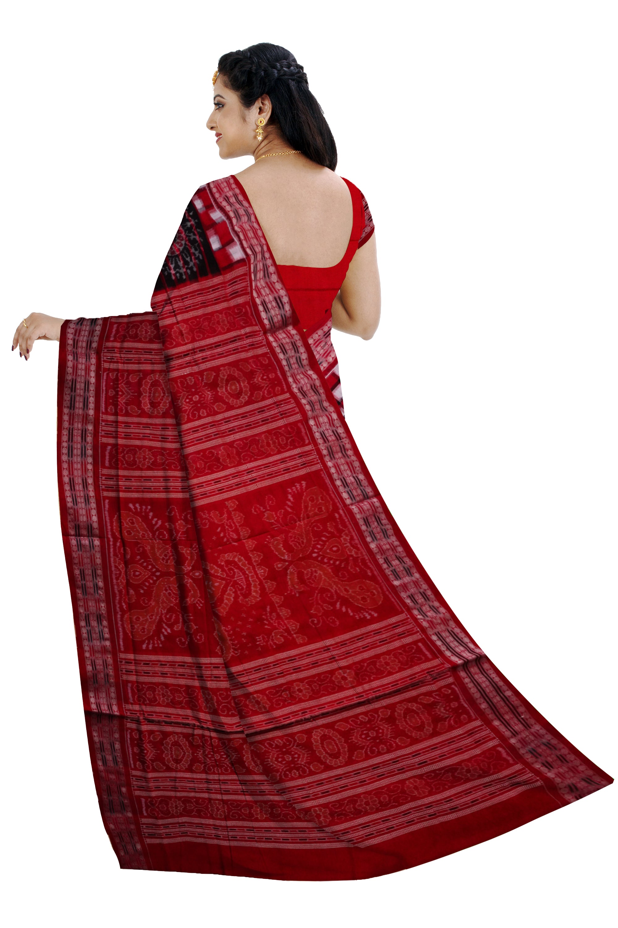Red, black and White color box pattern sambalpuri cotton saree. - Koshali Arts & Crafts Enterprise