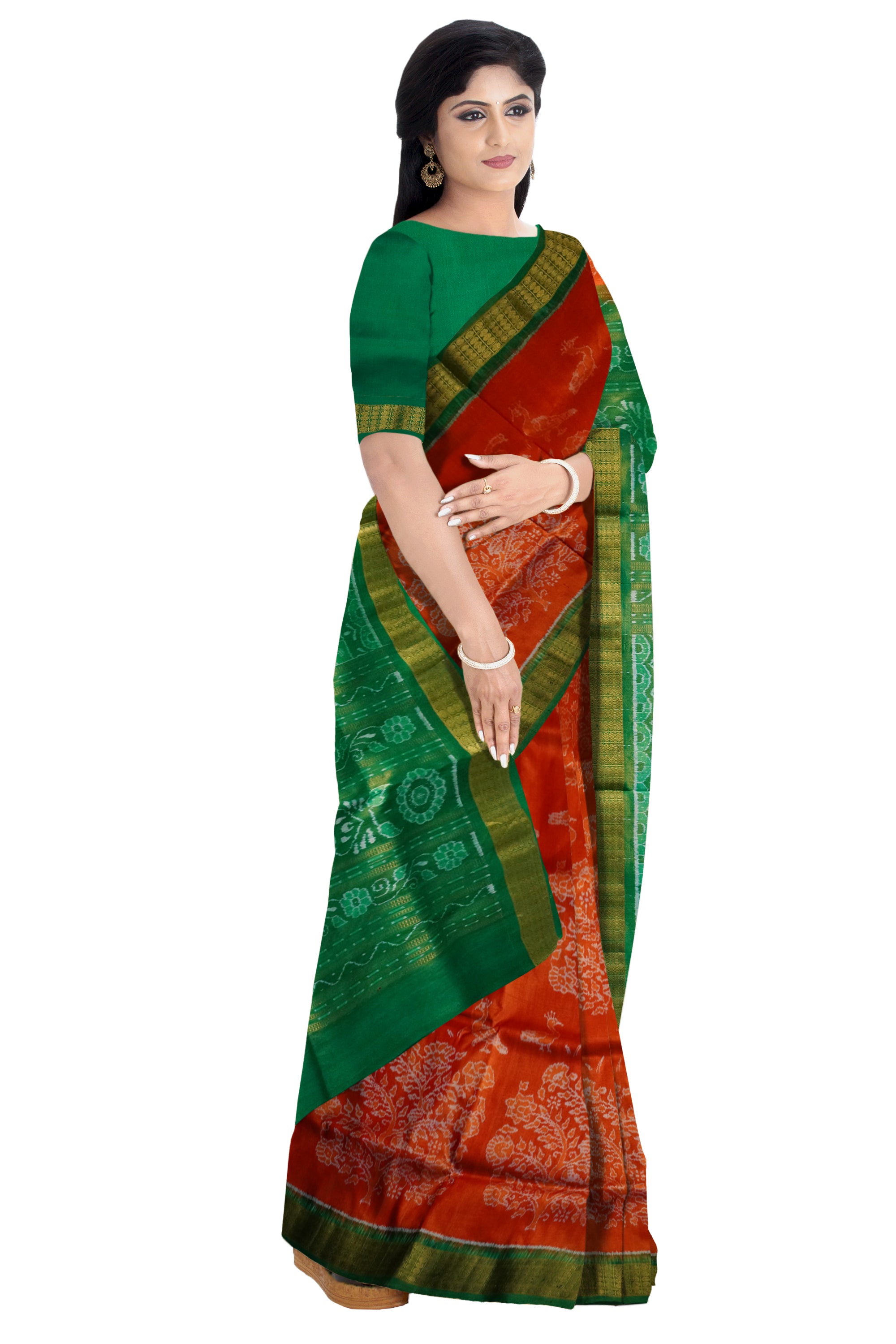 Orange and Green color tree pattern Sambalpuri tissue pata saree. - Koshali Arts & Crafts Enterprise
