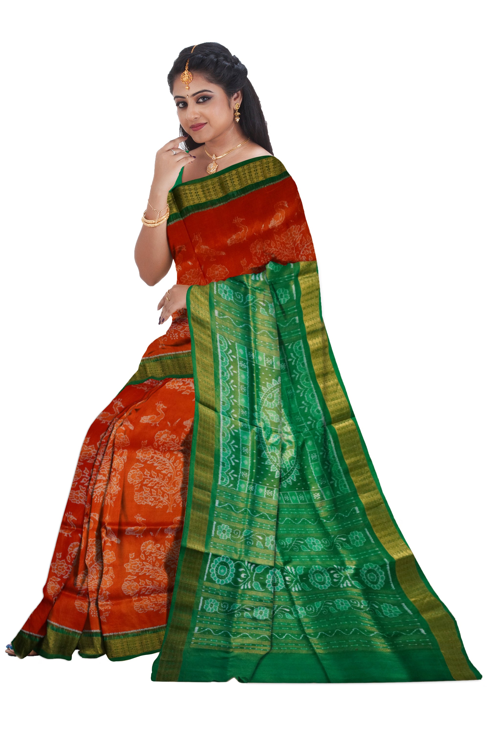 Orange and Green color tree pattern Sambalpuri tissue pata saree. - Koshali Arts & Crafts Enterprise