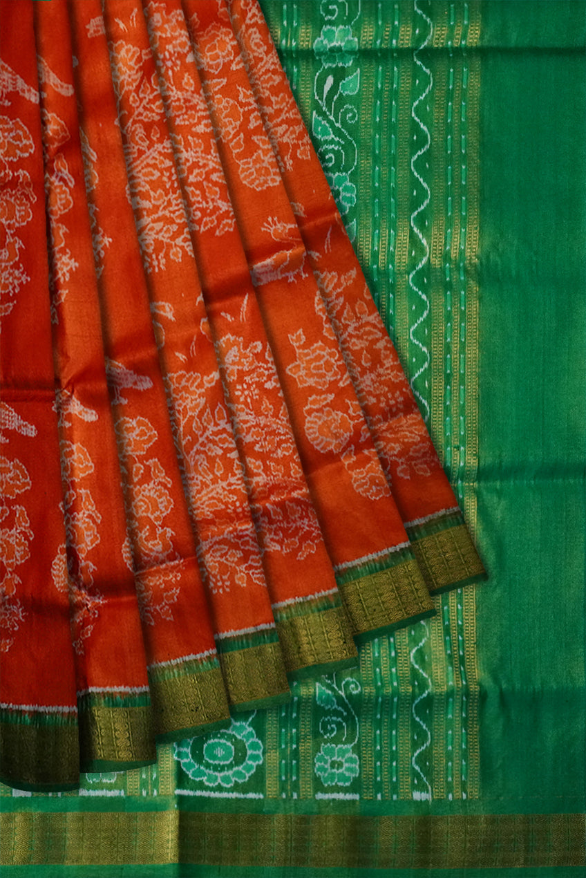 Orange and Green color tree pattern Sambalpuri tissue pata saree. - Koshali Arts & Crafts Enterprise
