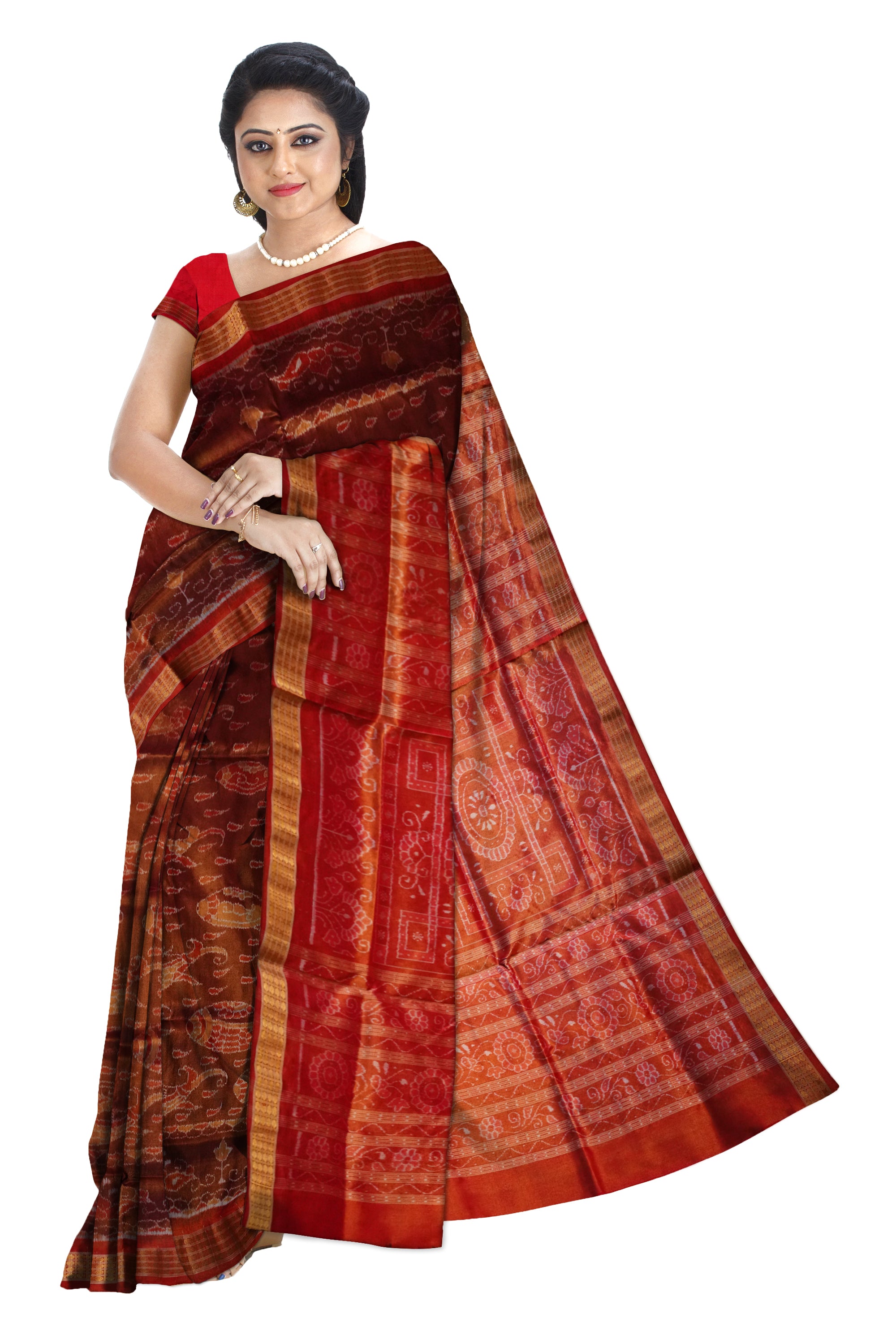 Coffee and Red color Sankha pattern Sambalpuri Tissue Silk saree. - Koshali Arts & Crafts Enterprise