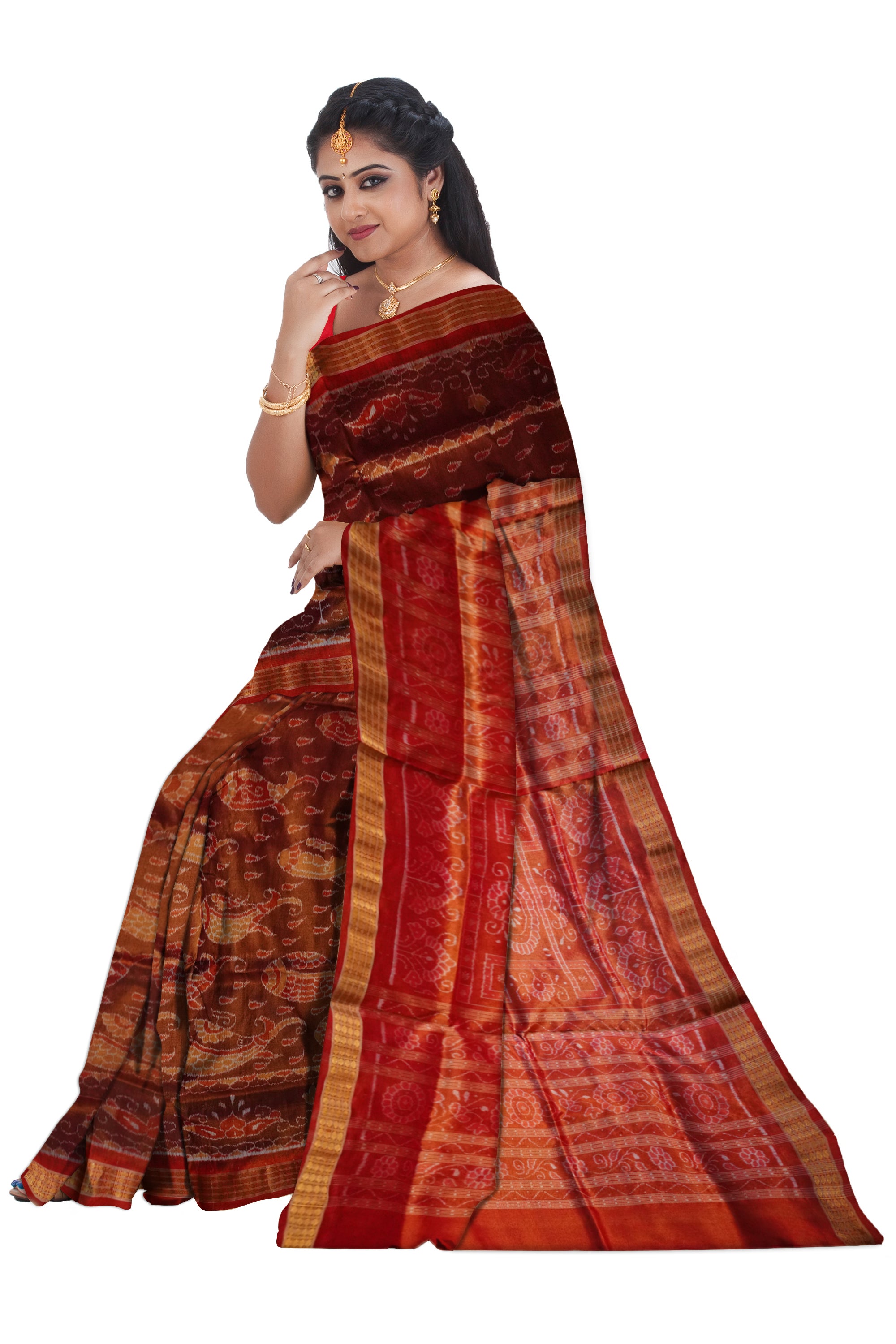 Coffee and Red color Sankha pattern Sambalpuri Tissue Silk saree. - Koshali Arts & Crafts Enterprise