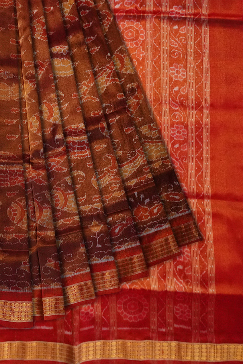 Coffee and Red color Sankha pattern Sambalpuri Tissue Silk saree. - Koshali Arts & Crafts Enterprise