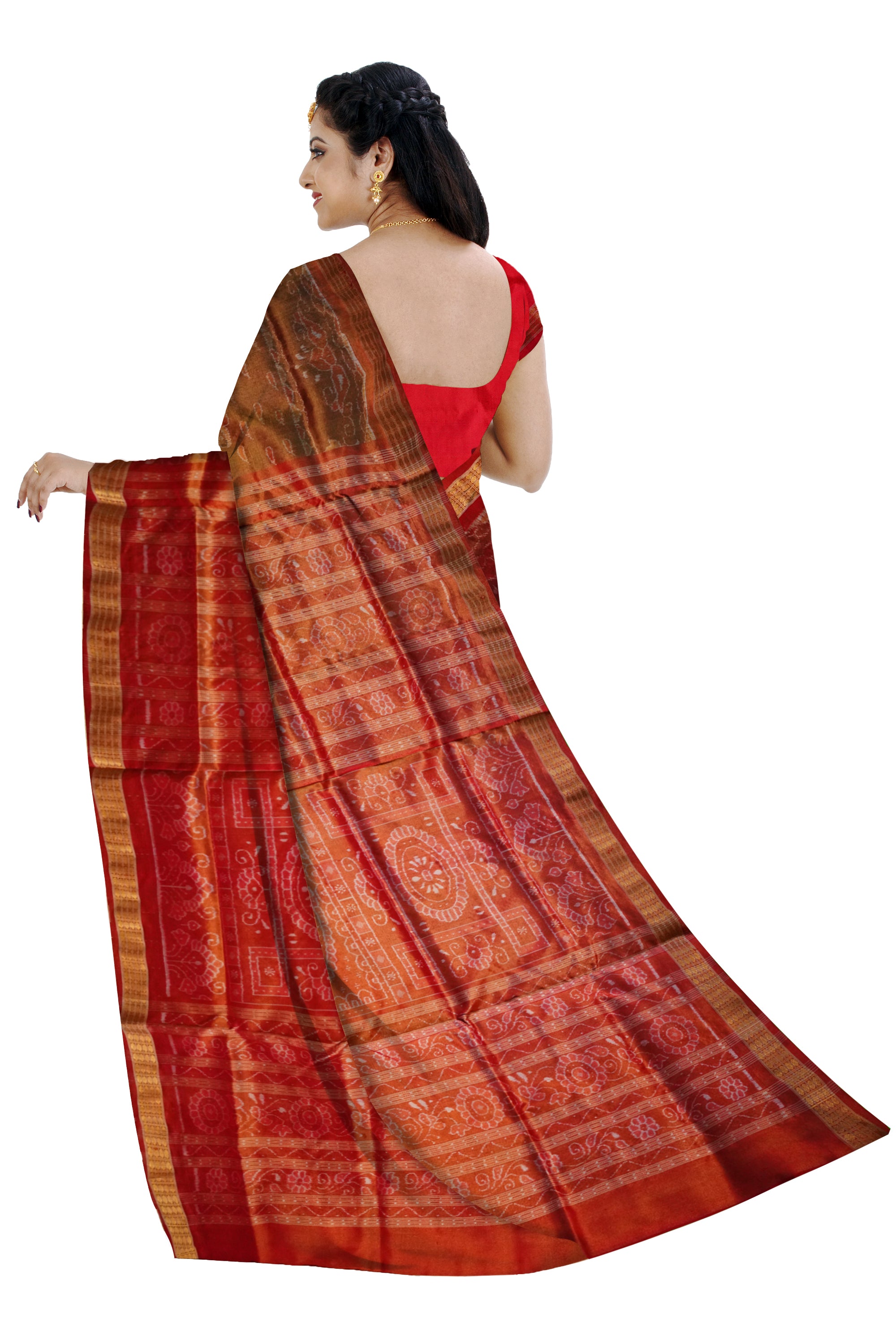 Coffee and Red color Sankha pattern Sambalpuri Tissue Silk saree. - Koshali Arts & Crafts Enterprise