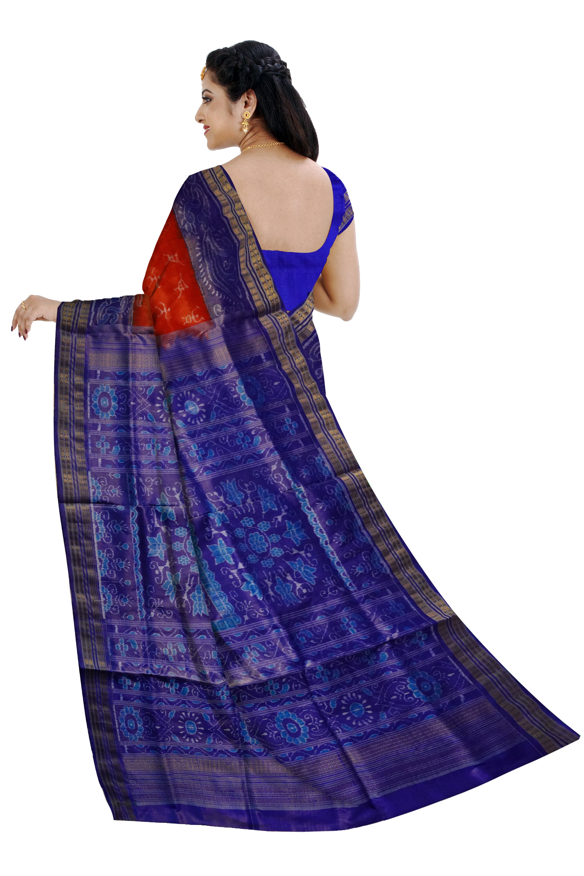 Orange and Blue color terracotta with odishi dance pattern sambalpuri Tissue silk pata saree . - Koshali Arts & Crafts Enterprise