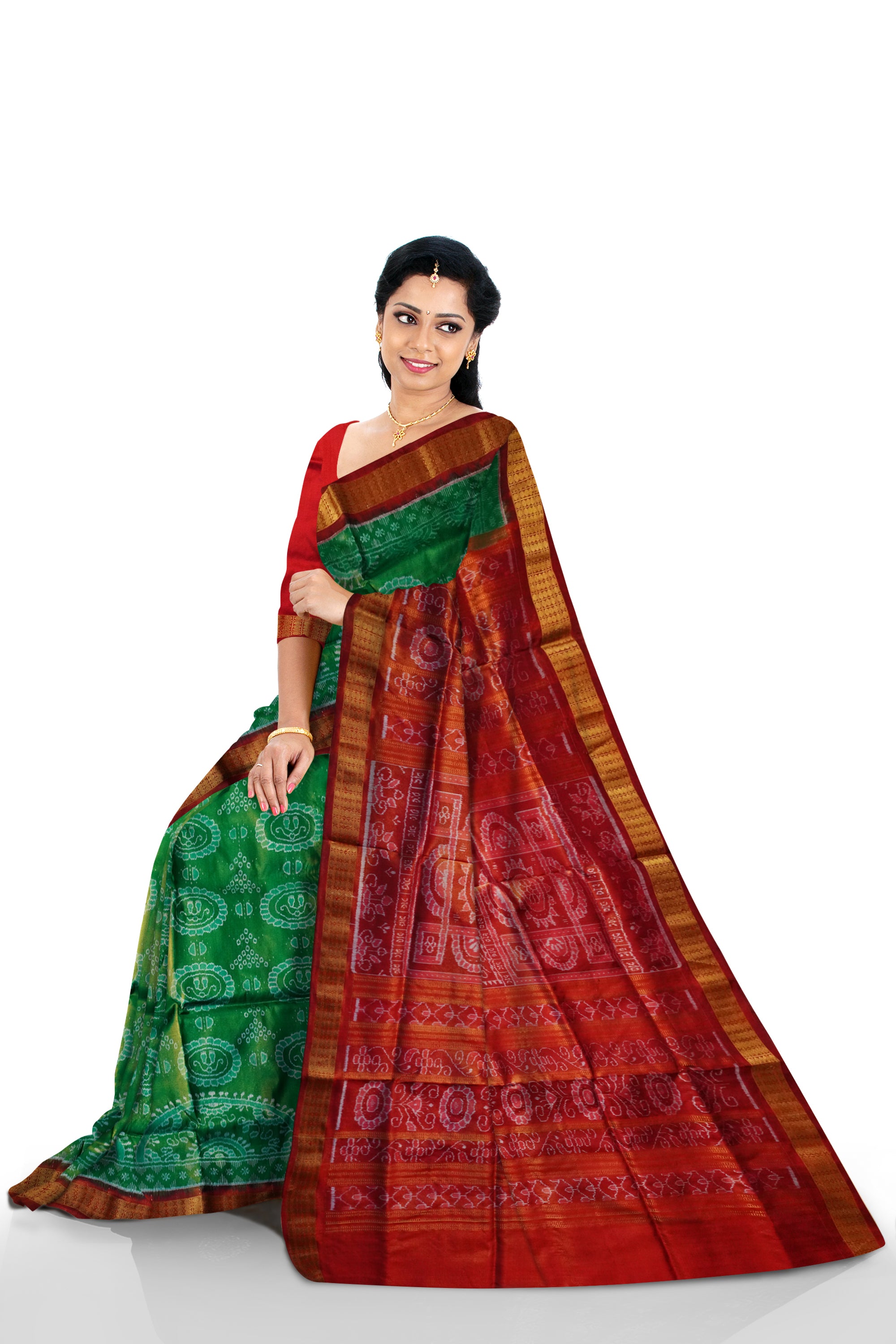 Green and Golden red color circular pattern Sambalpuri Tissue silk saree. - Koshali Arts & Crafts Enterprise