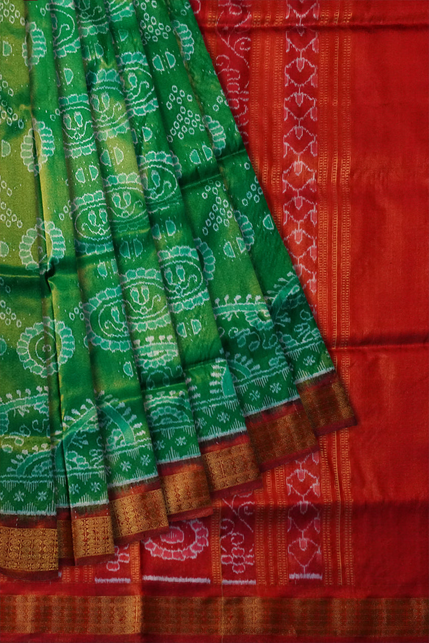 Green and Golden red color circular pattern Sambalpuri Tissue silk saree. - Koshali Arts & Crafts Enterprise