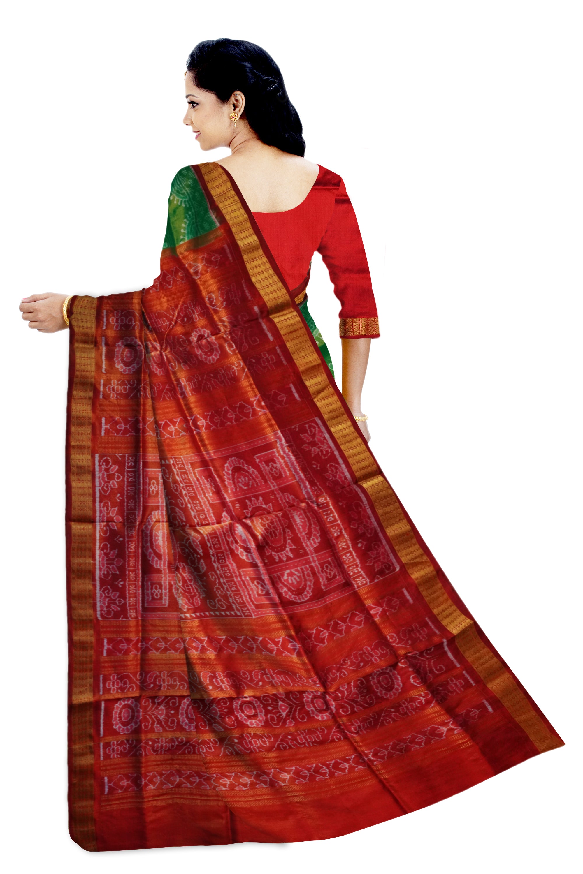 Green and Golden red color circular pattern Sambalpuri Tissue silk saree. - Koshali Arts & Crafts Enterprise