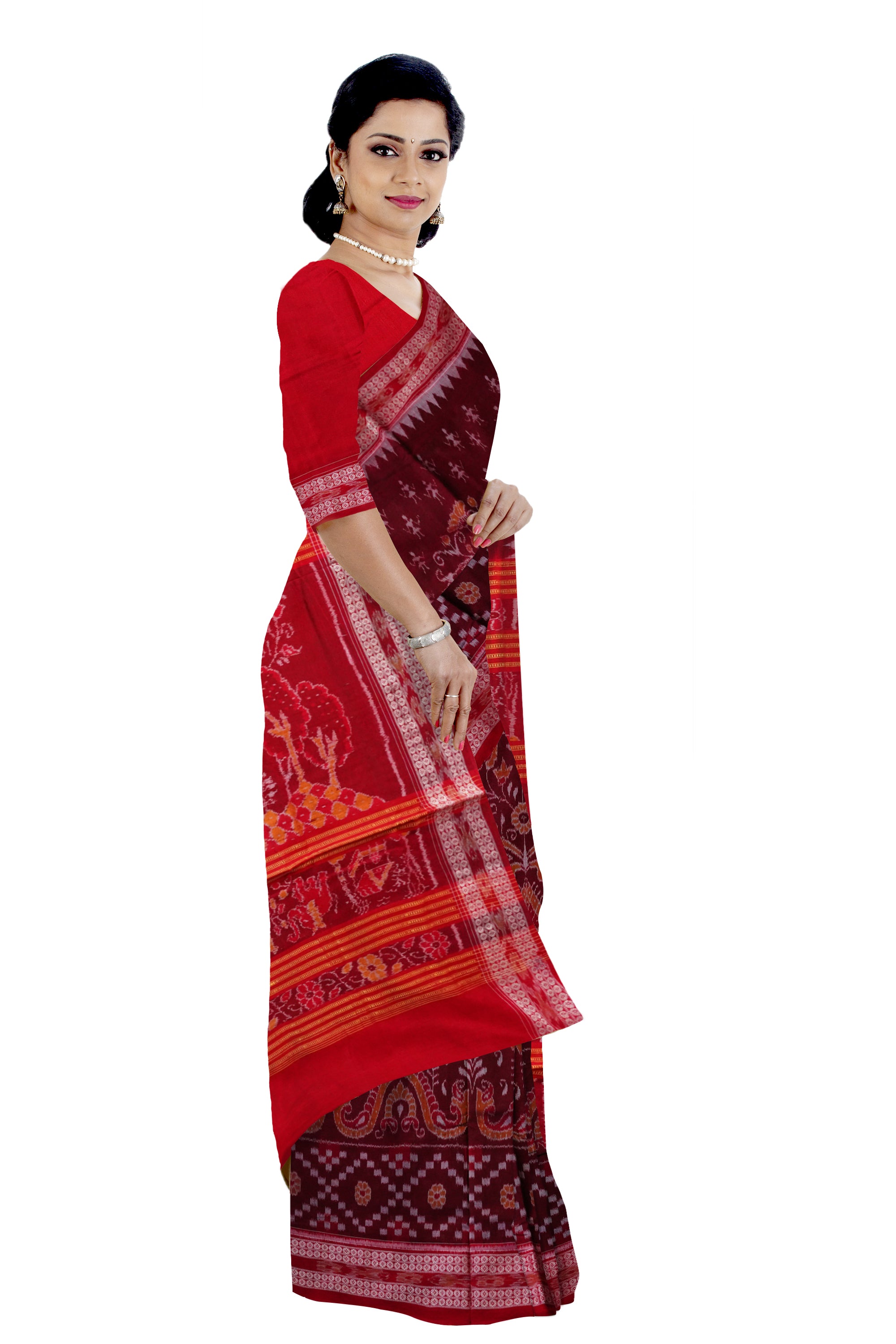 Coffee and Red color terracotta with pasapali pattern Sambalpuri pure cotton saree. - Koshali Arts & Crafts Enterprise